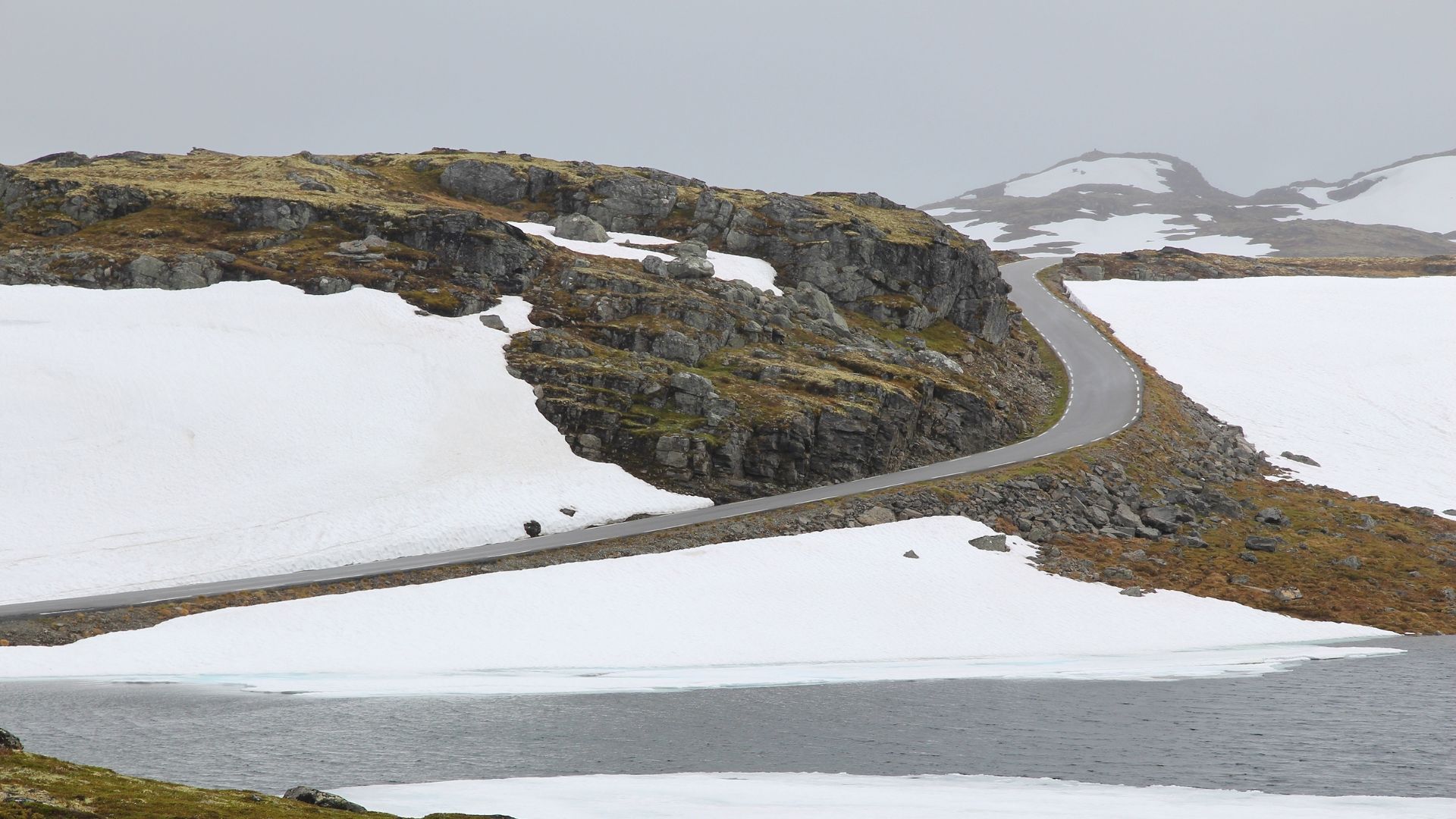 Snow Road in Norway, a national tourist road across the Aurland mountain (Aurlandsfjellet)