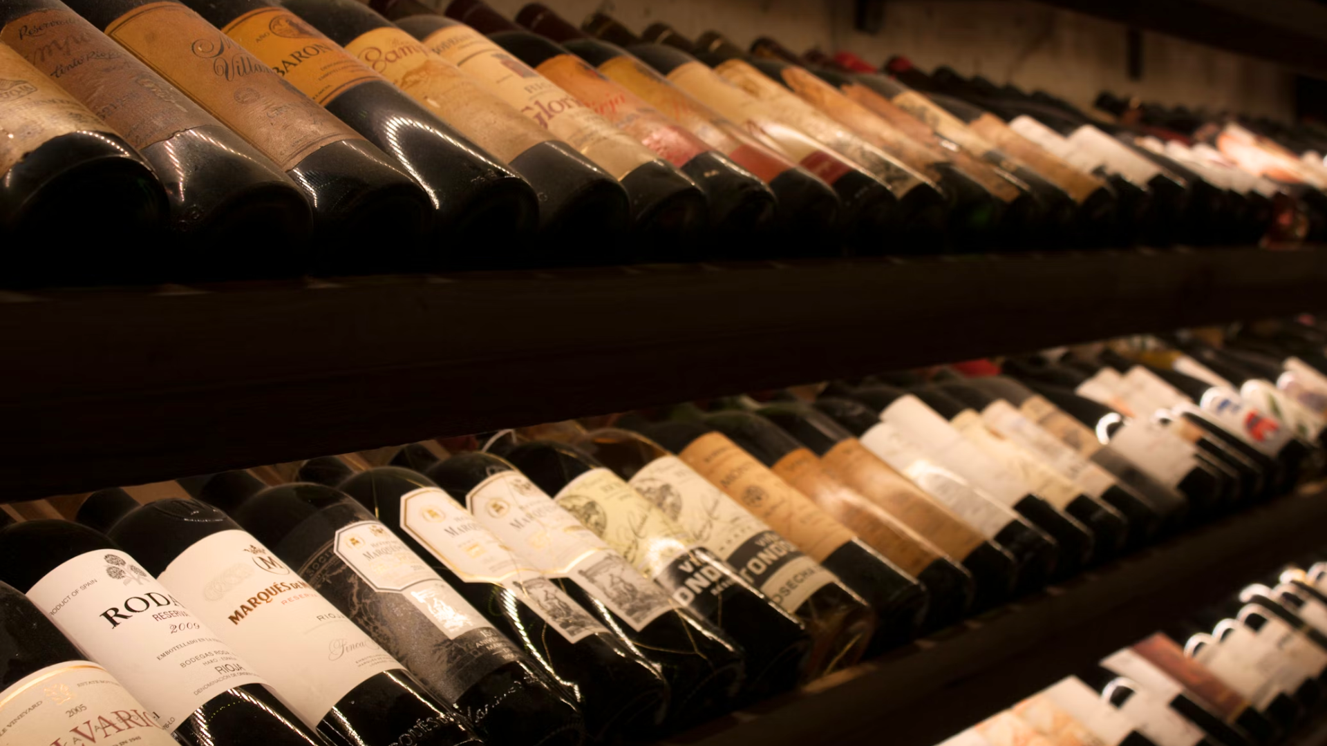 Bottles of wine all lined out in wine cellar.