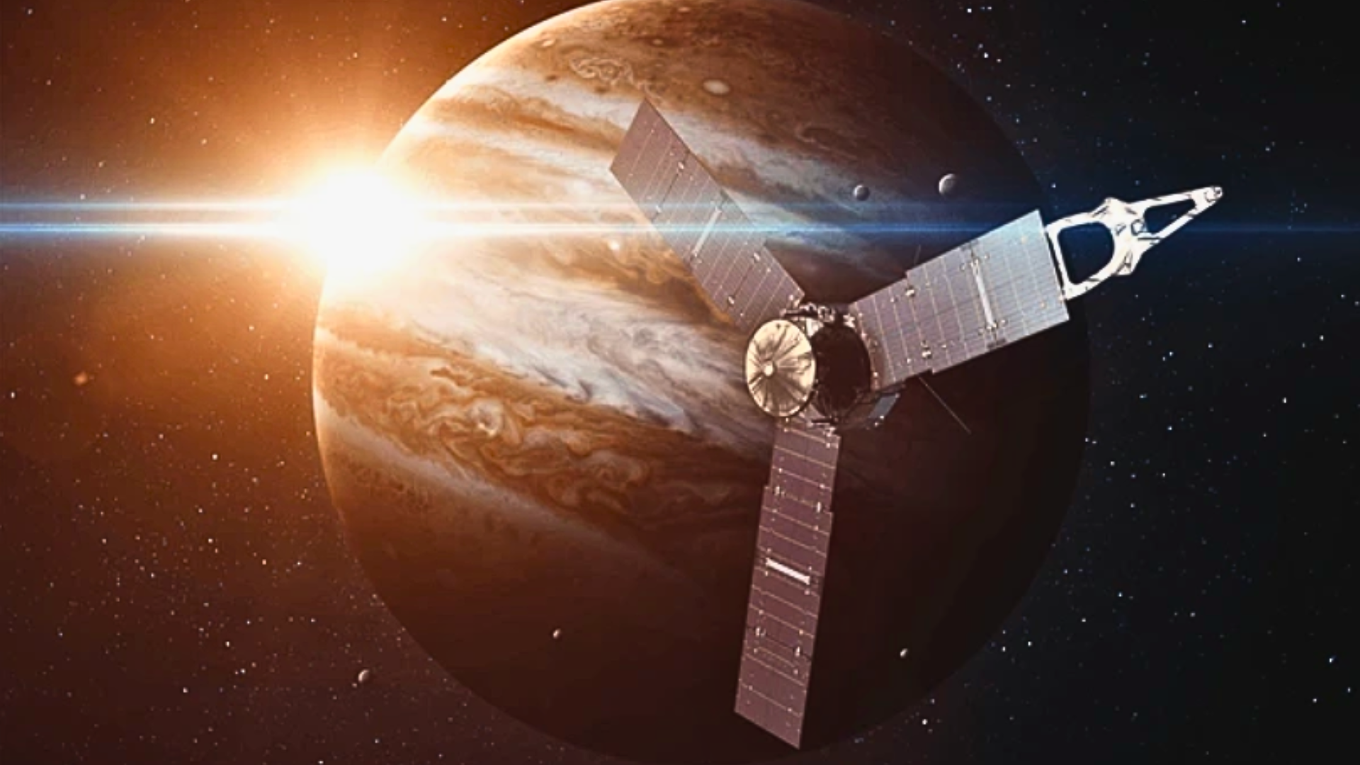 NASA’s Juno spacecraft in orbit around Jupiter, with the gas giant’s swirling atmospheric bands in the background.