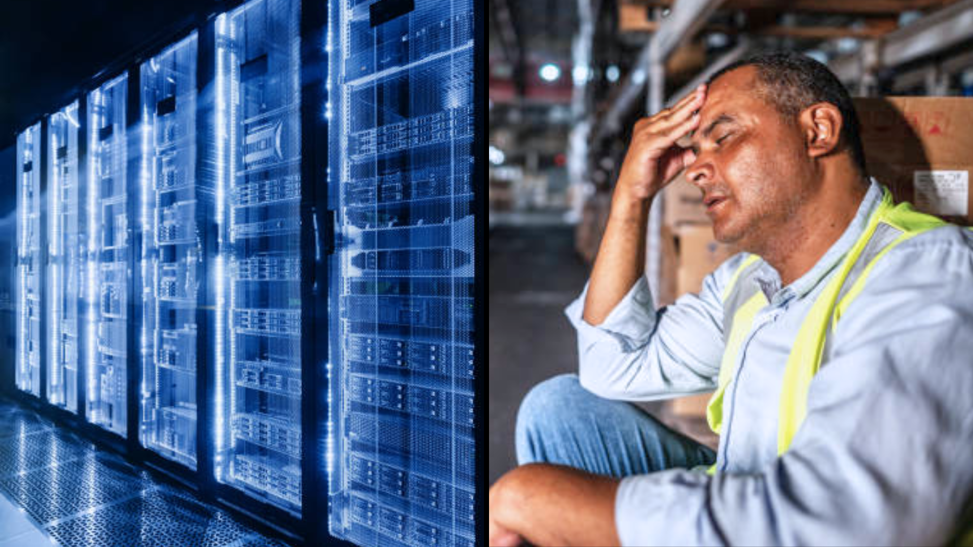 Composite image showing a high-tech server room next to a fatigued warehouse worker sitting among boxes.