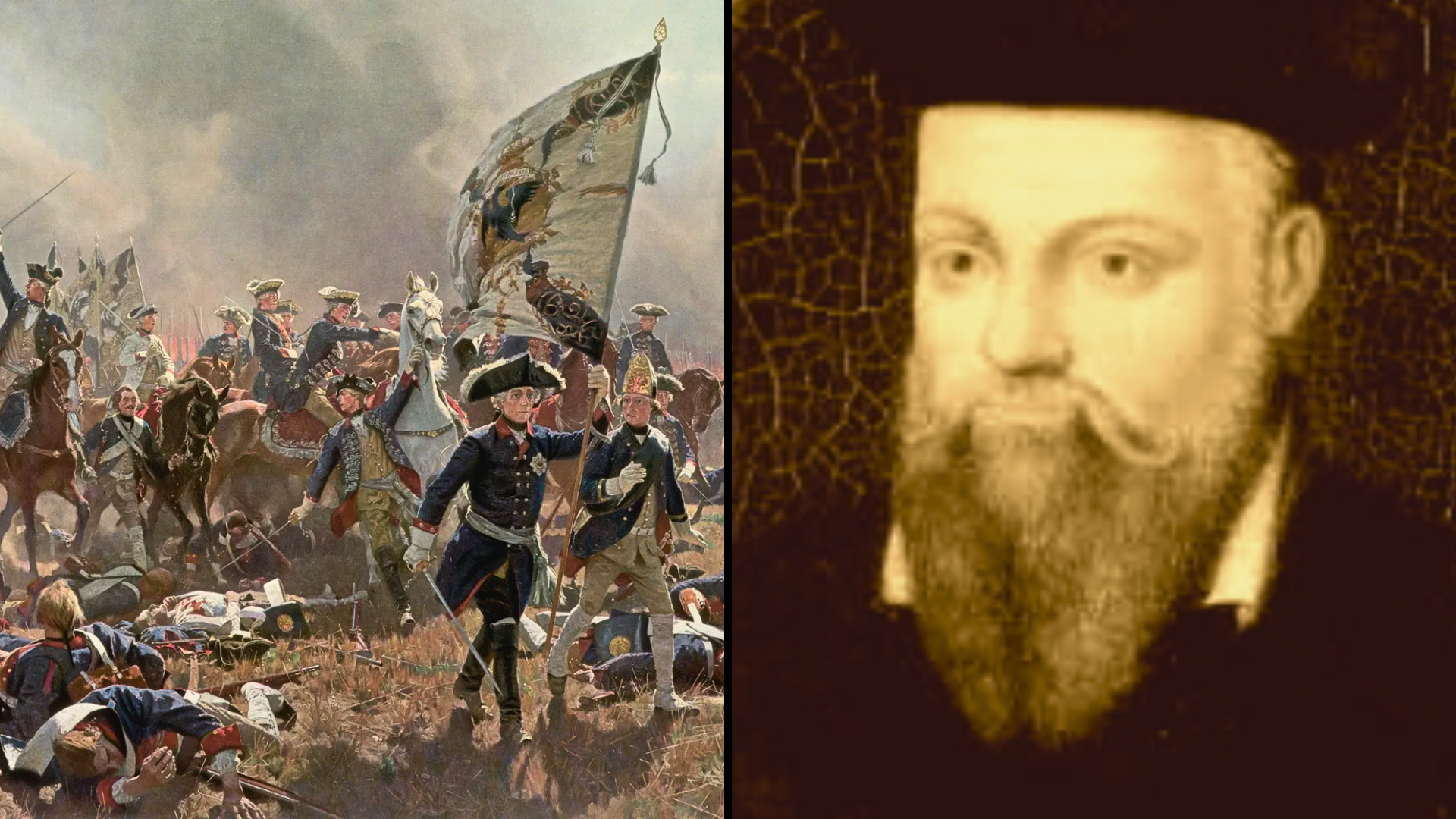 Historical painting of a 18th-century battle scene alongside a portrait of the physician and seer Nostradamus.