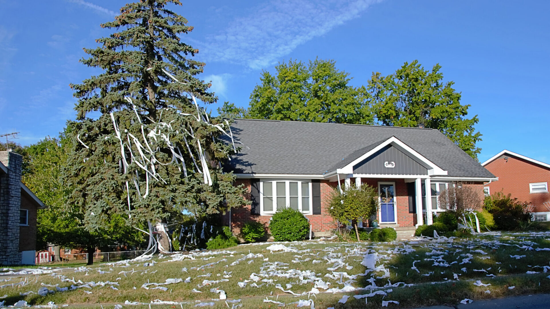 Outside view of a house in a neighborhood.