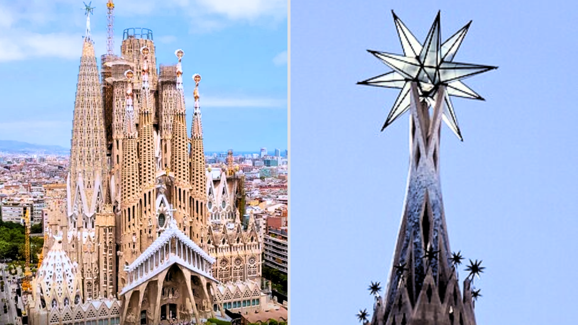 Composite image showing the exterior of the Sagrada Família and a close-up of its Twelve-Pointed Star of Mary.