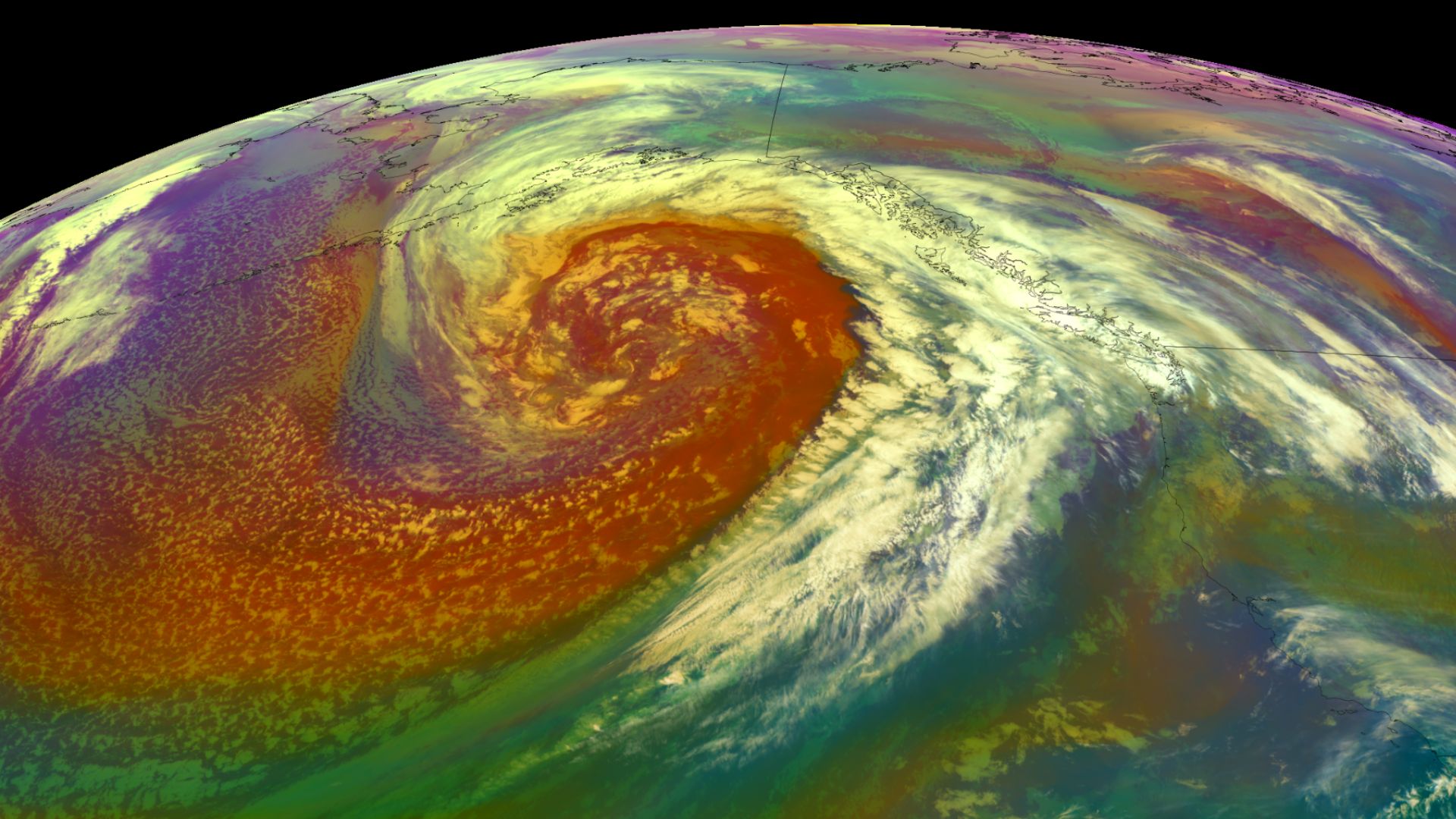 A satellite image shows a massive swirling storm system over Earth's oceans.