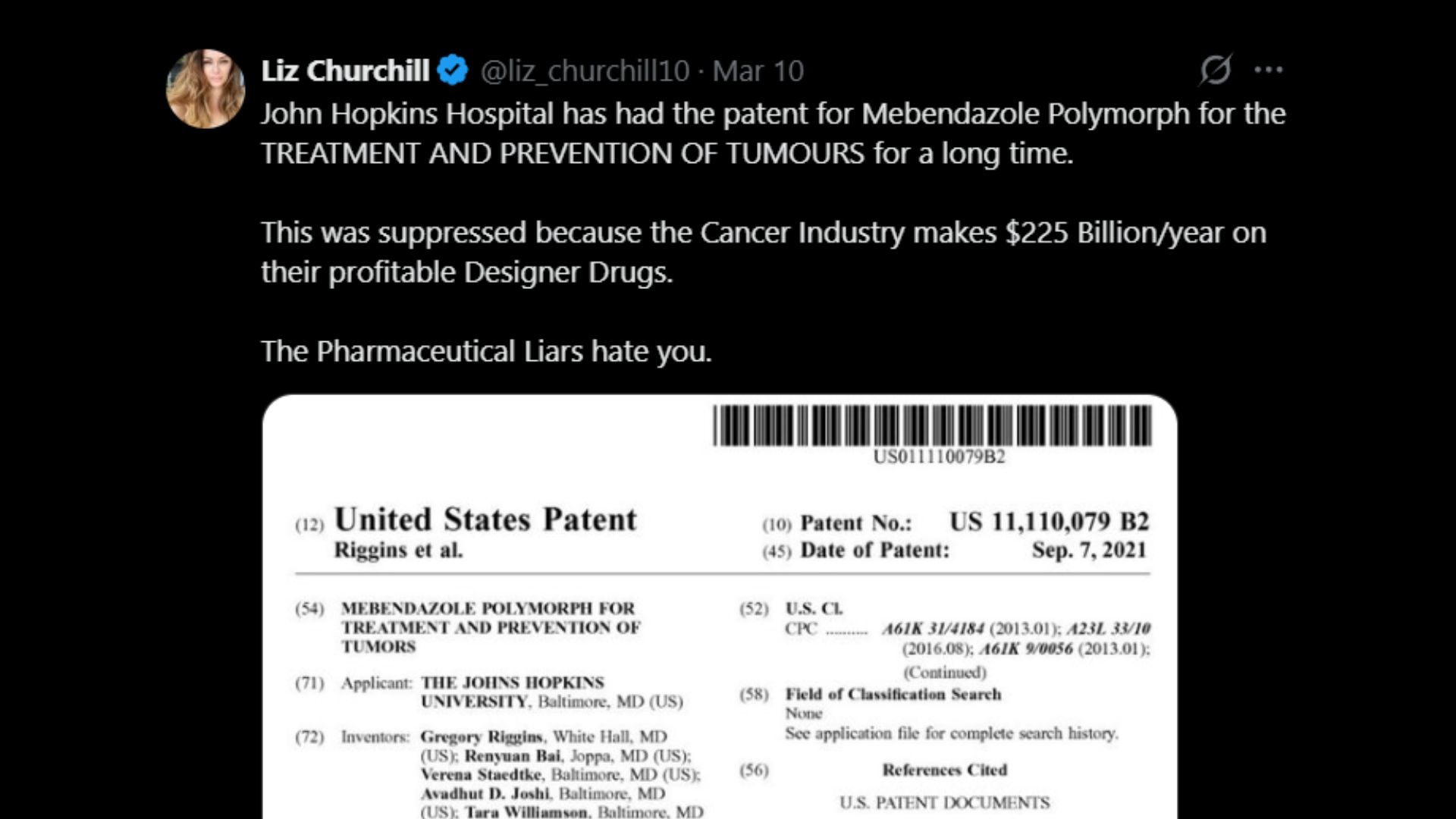 Screenshot of a social media post claiming Johns Hopkins patented mebendazole for tumor treatment and prevention.