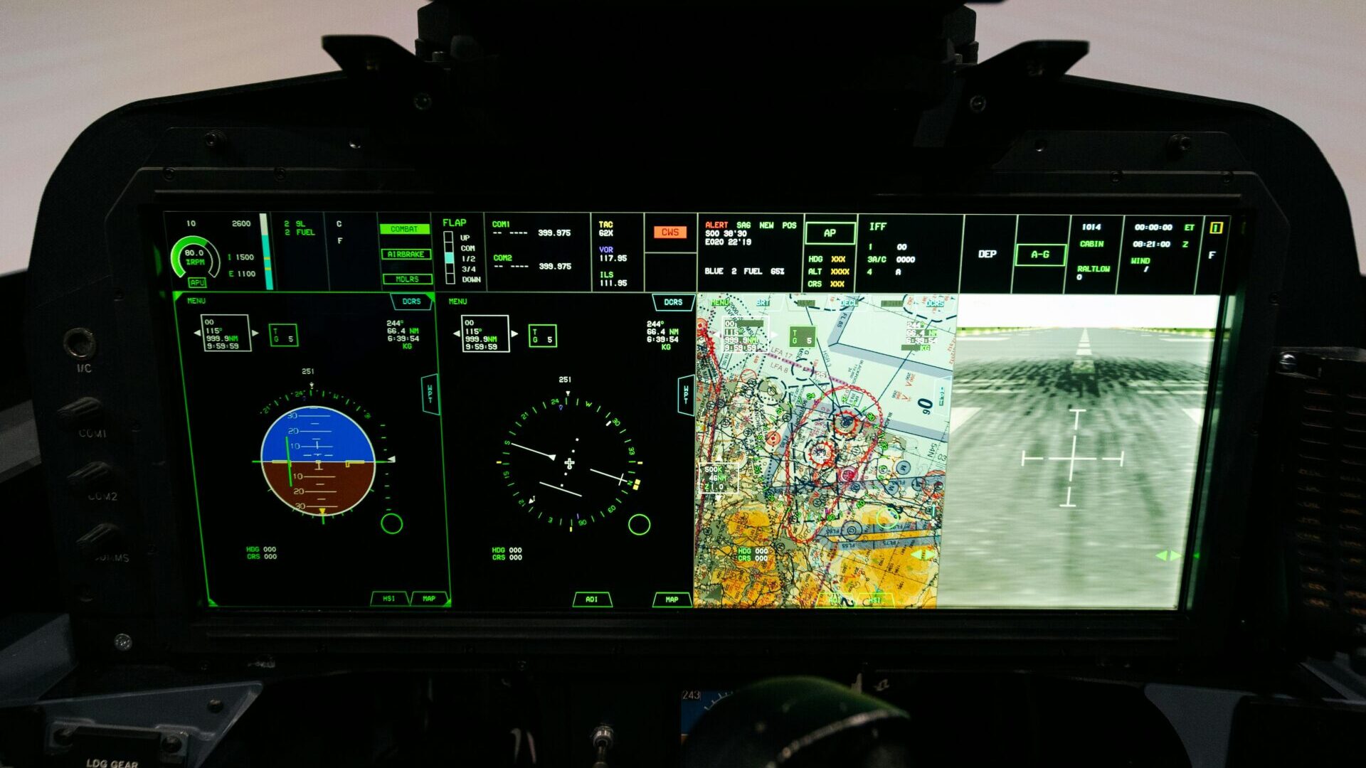 Aircraft cockpit display showing navigation data and radar screen.