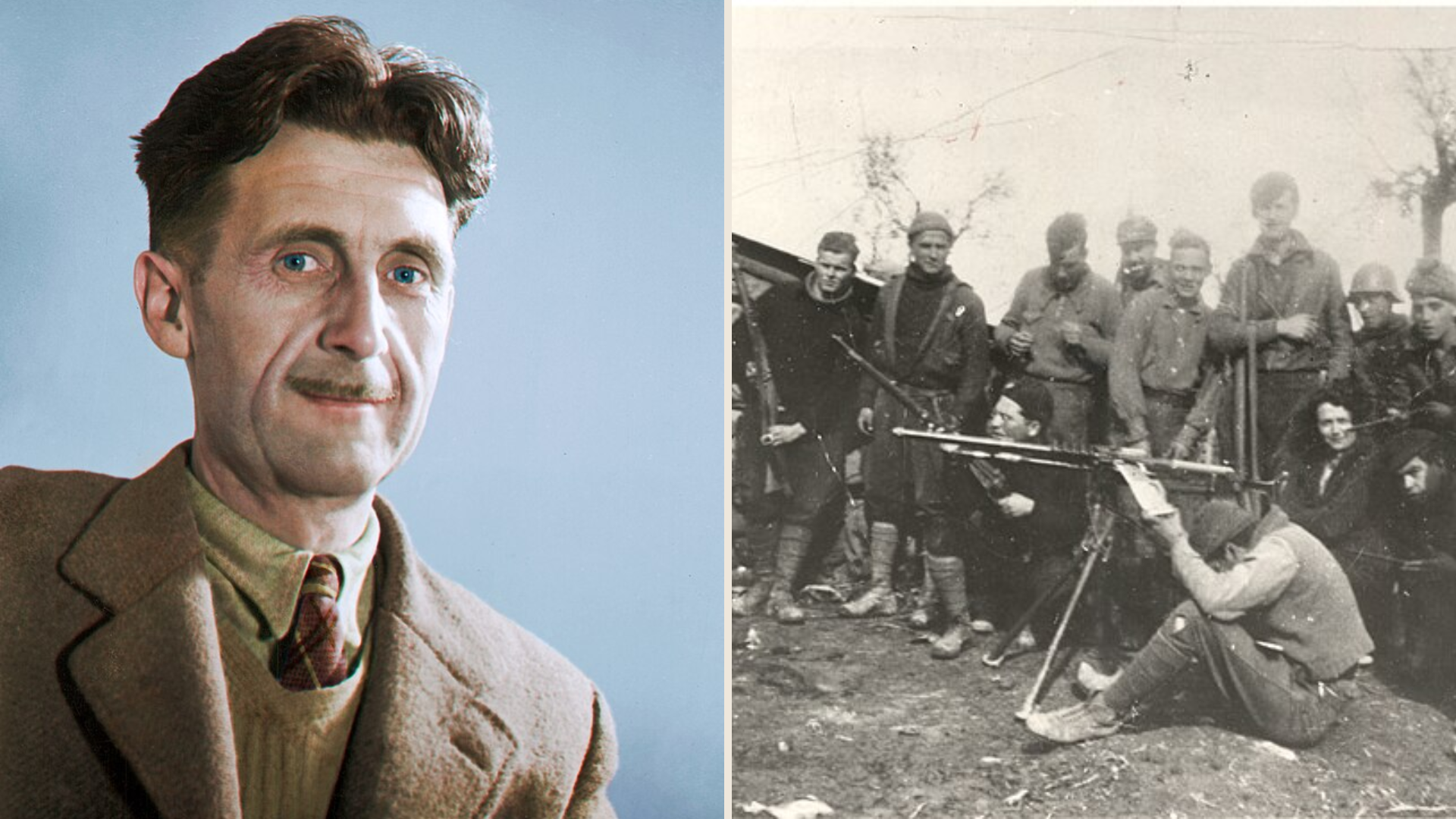 Split screen featuring a colorized portrait of George Orwell and a historical photo of him during the Spanish Civil War.