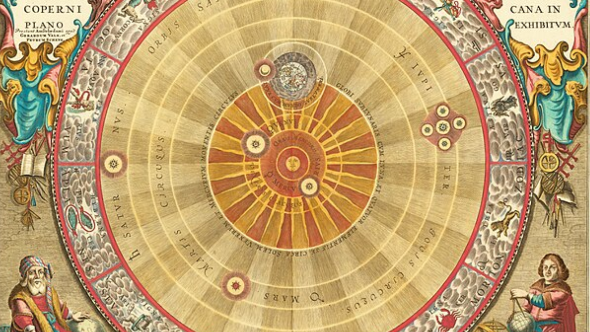 A colorful 17th-century celestial map illustrating the heliocentric model of the solar system.