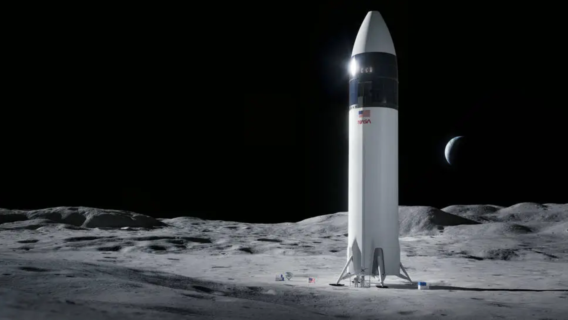 An artist's concept of the SpaceX Starship Human Landing System (HLS) standing vertically on the surface of the Moon under a black sky.