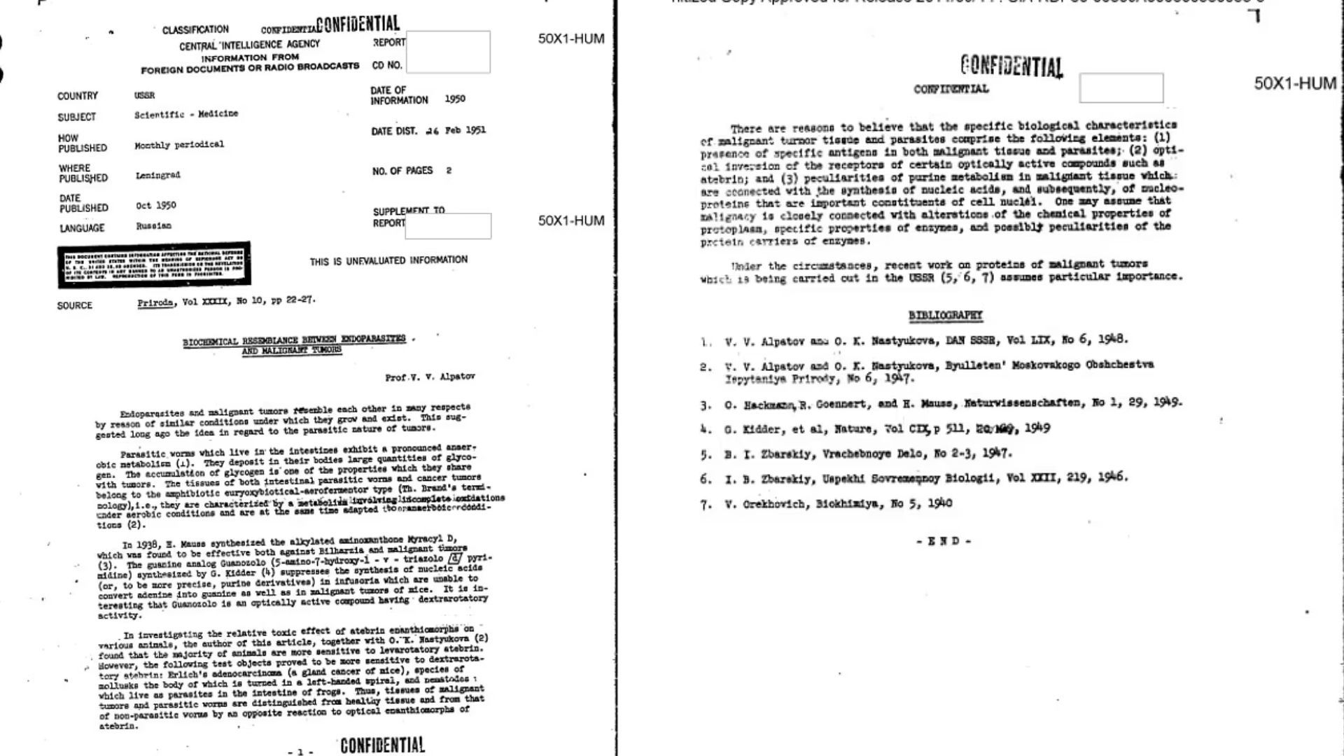 Two pages of a declassified CIA document discussing similarities between endoparasites and malignant tumors.