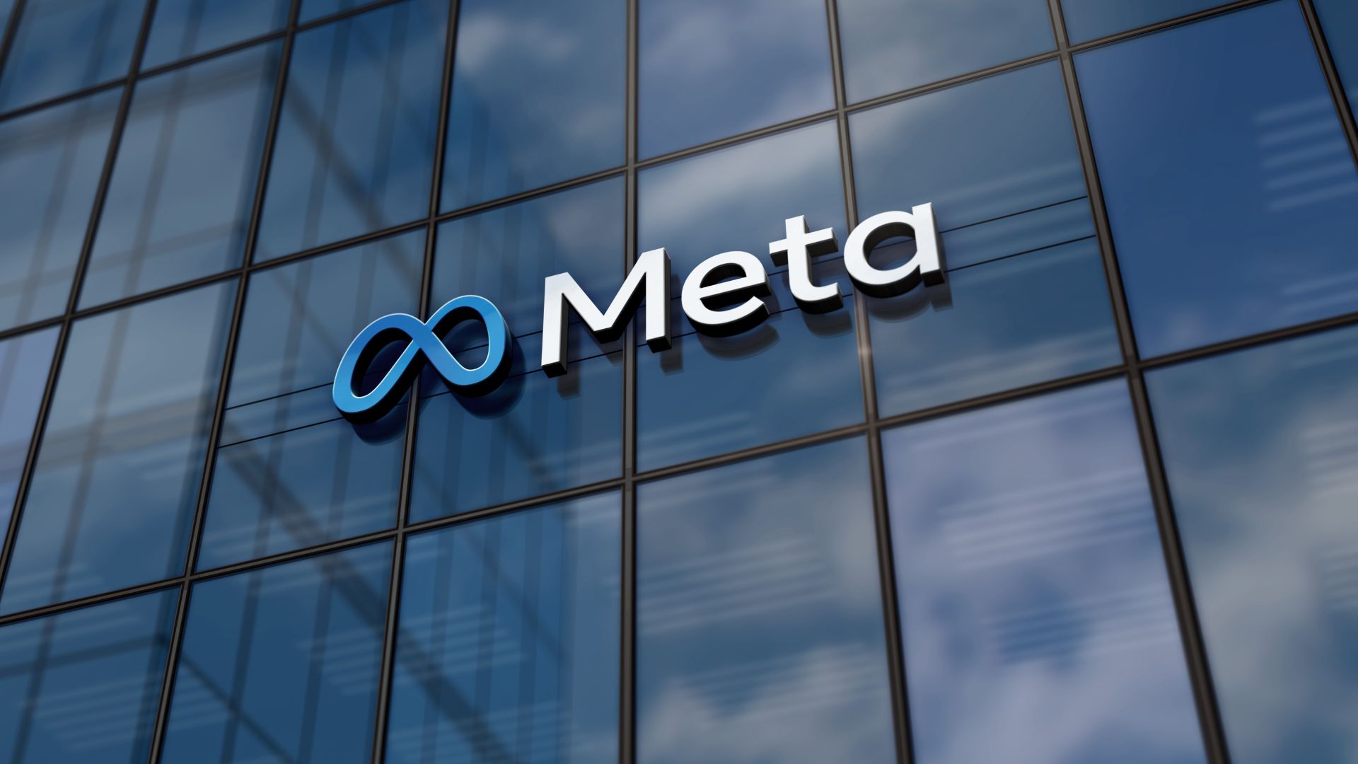 3D illustration of Meta corporation headquarters with its logo on a glass building.