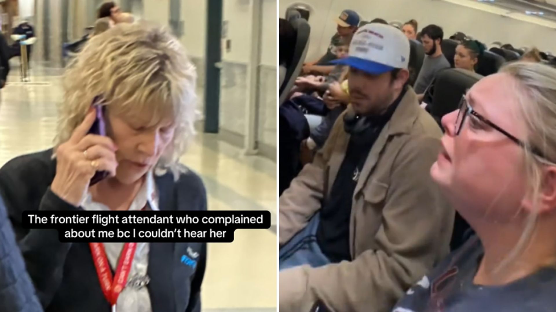 Split image showing a Frontier flight attendant on a phone and a passenger speaking during an onboard dispute.