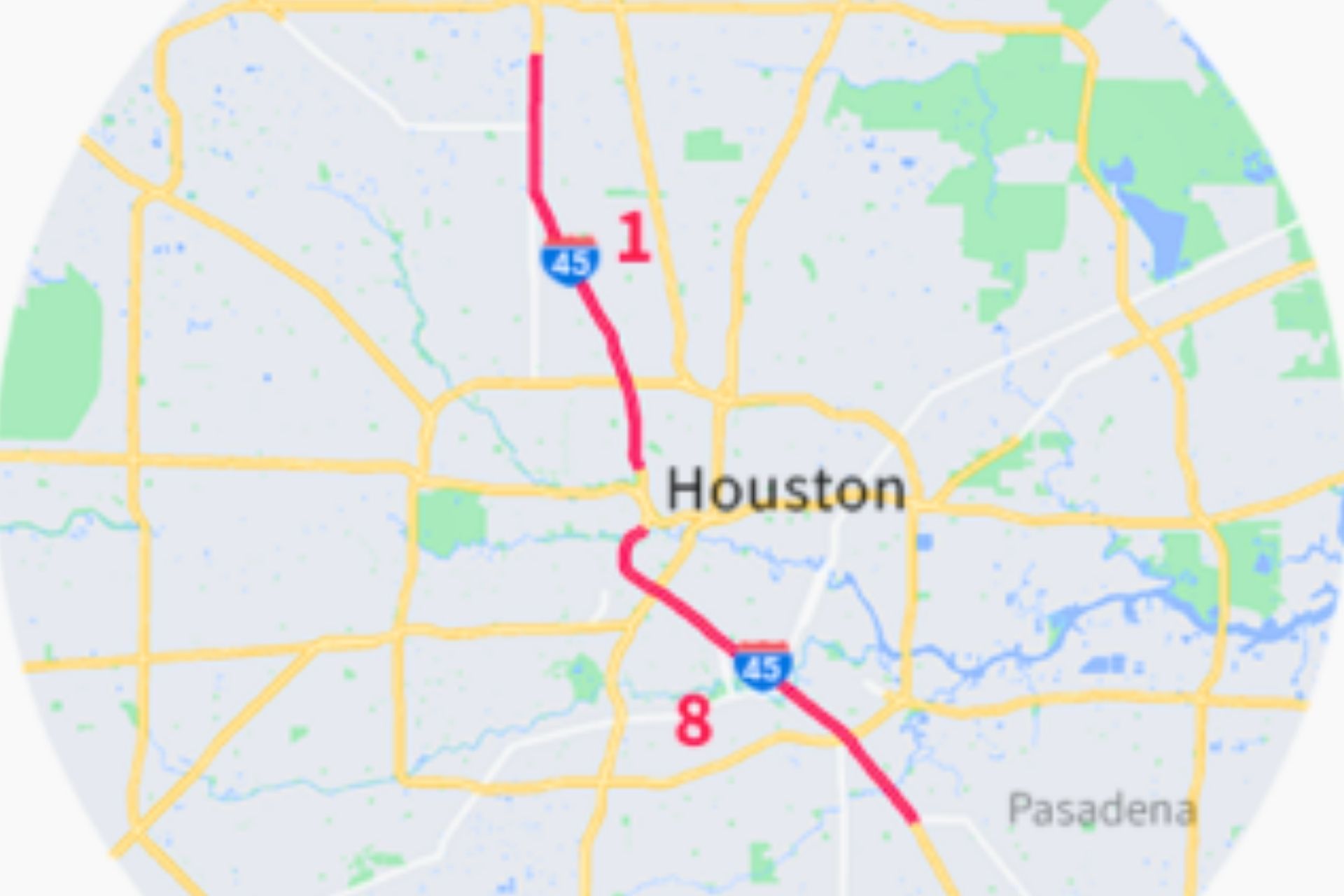 Elk & Elk map highlighting Interstate 45 through Houston, Texas, marking the 10-mile stretch between exits 49B and 60A with high fatal crash rates.