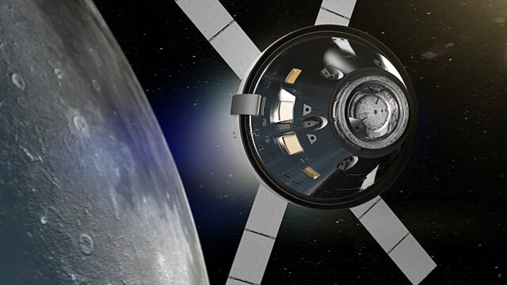A digital rendering of the Orion spacecraft in flight near the Moon, showing its crew capsule and the European Service Module with its distinctive X-shaped solar arrays.