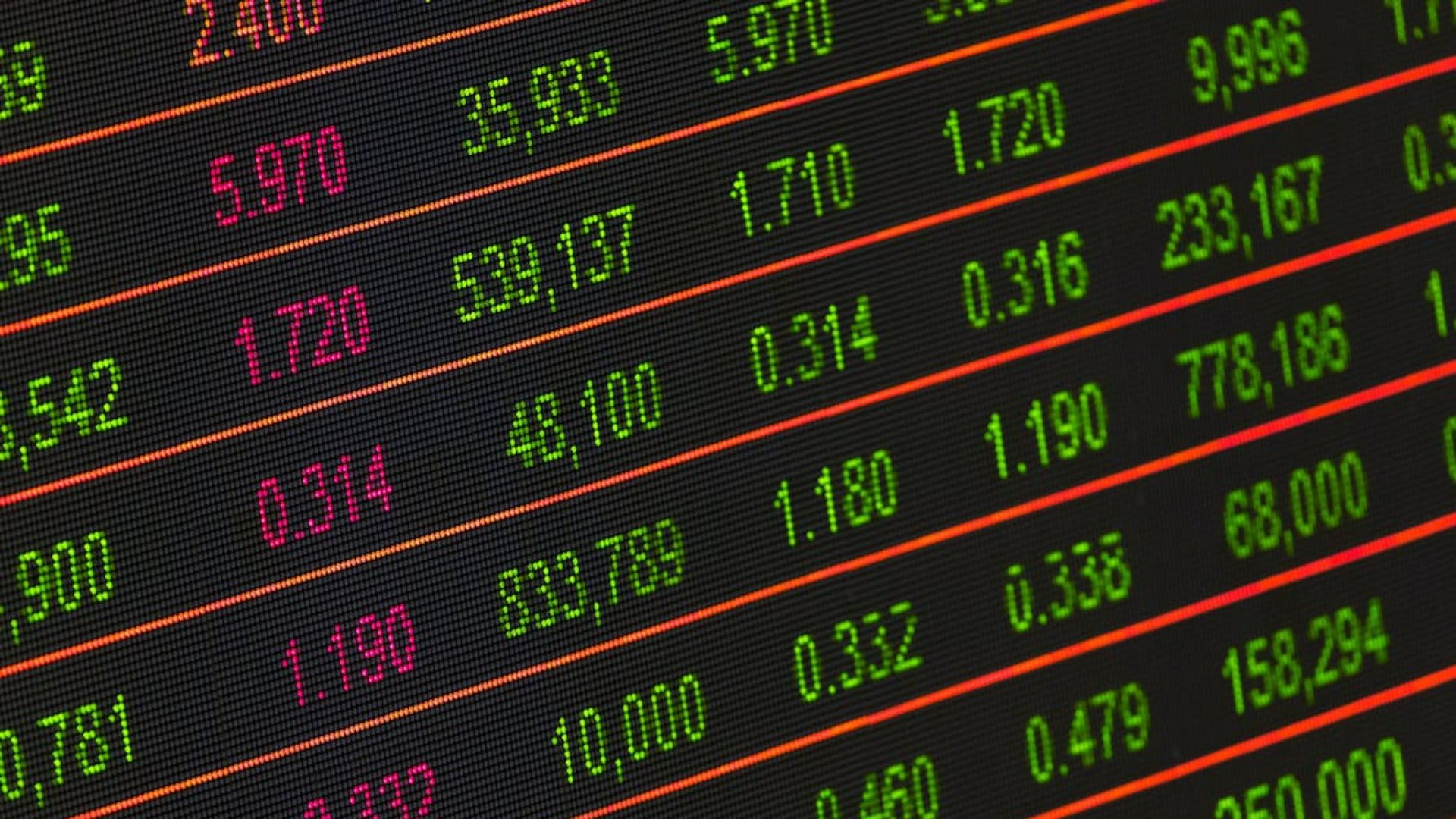 Close-up of a digital stock market display showing numbers in red and green.