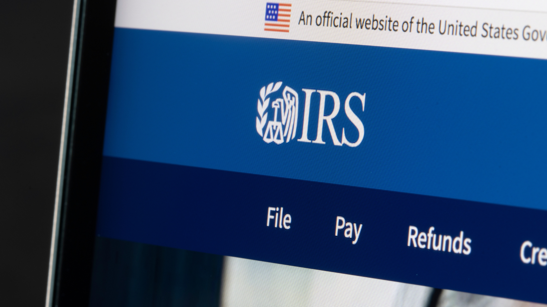 A close-up of a computer screen showing the official IRS website header with the logo and menu options for _File,_ _Pay,_ and _Refunds.