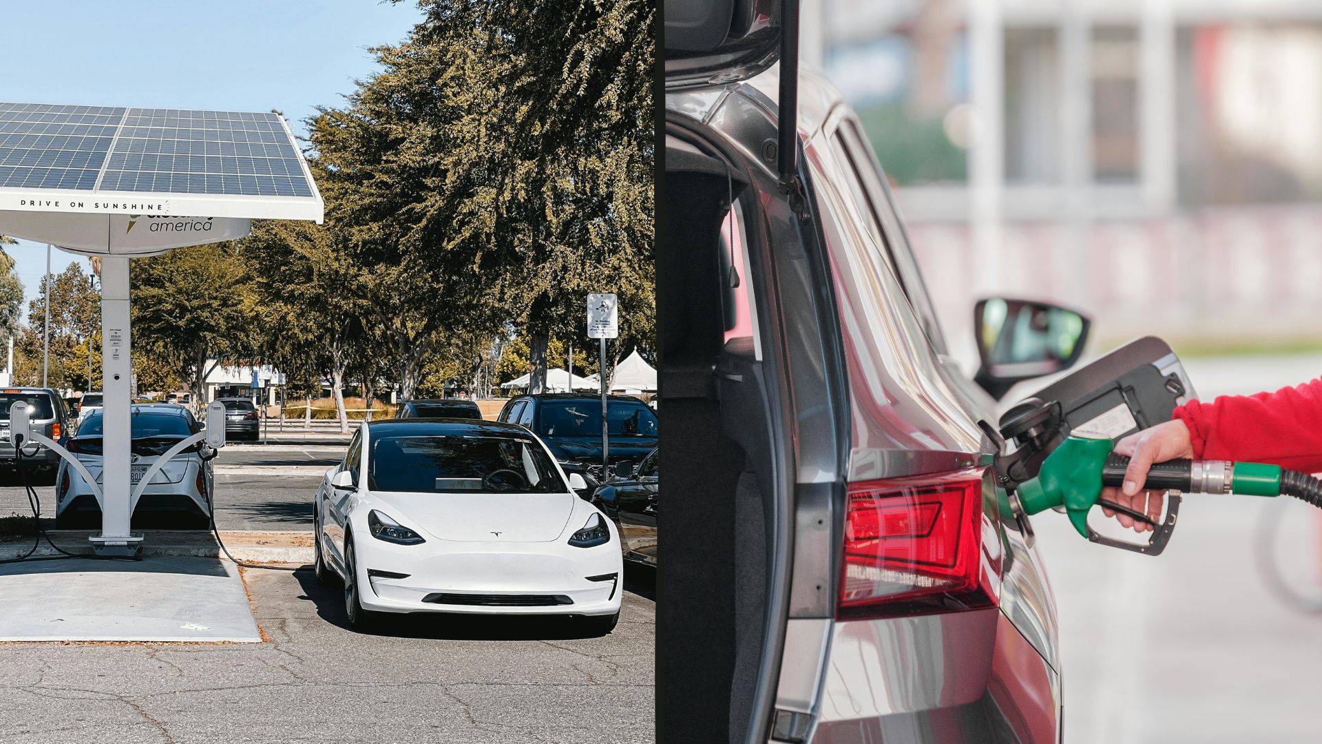 Split image of a Tesla charging and a car being refueled at a gas pump.