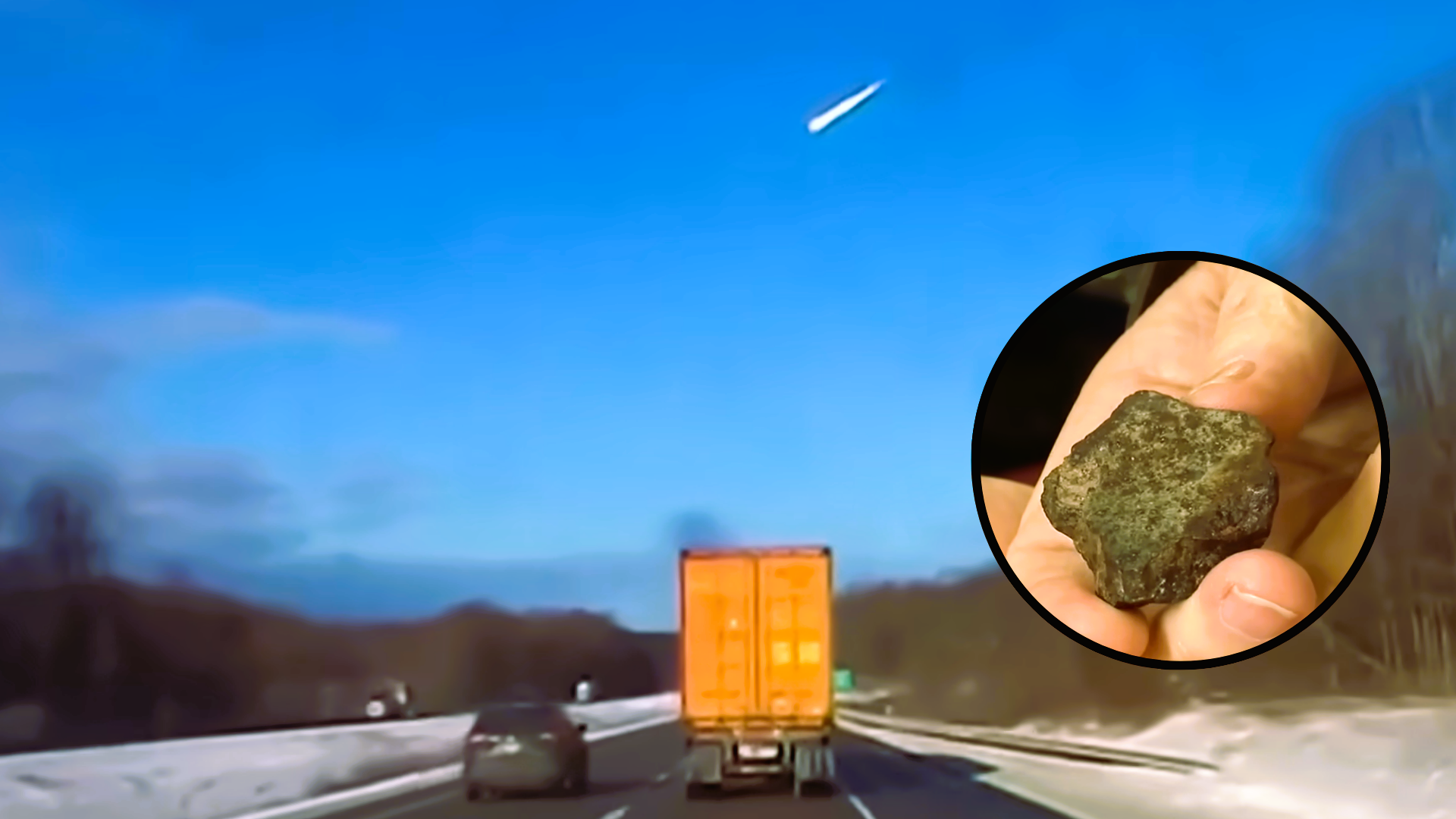 Meteor streaking across sky above highway traffic, with inset of a small rock held in hand.