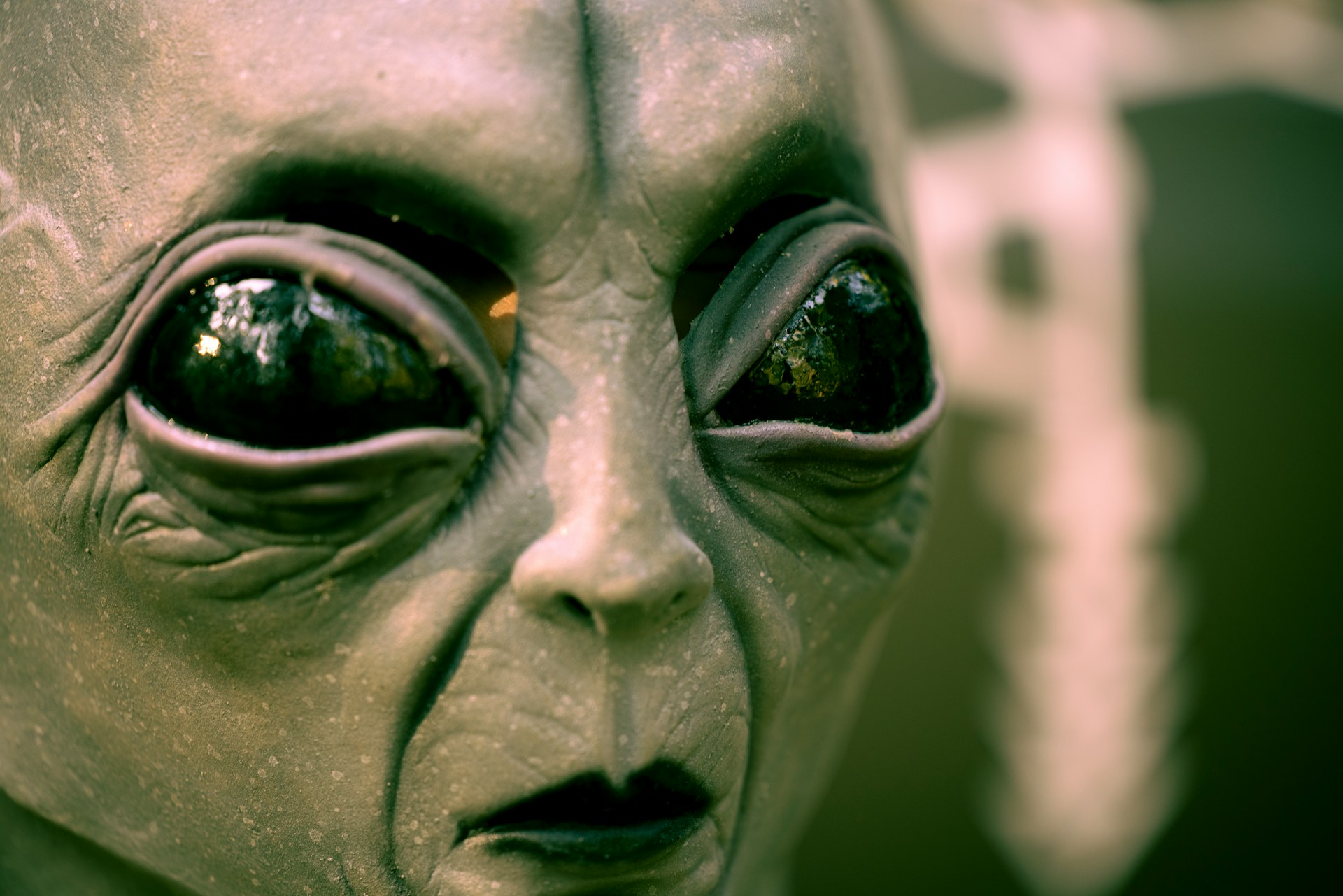 Close-up of a gray alien face with large glossy black eyes and wrinkled skin texture.