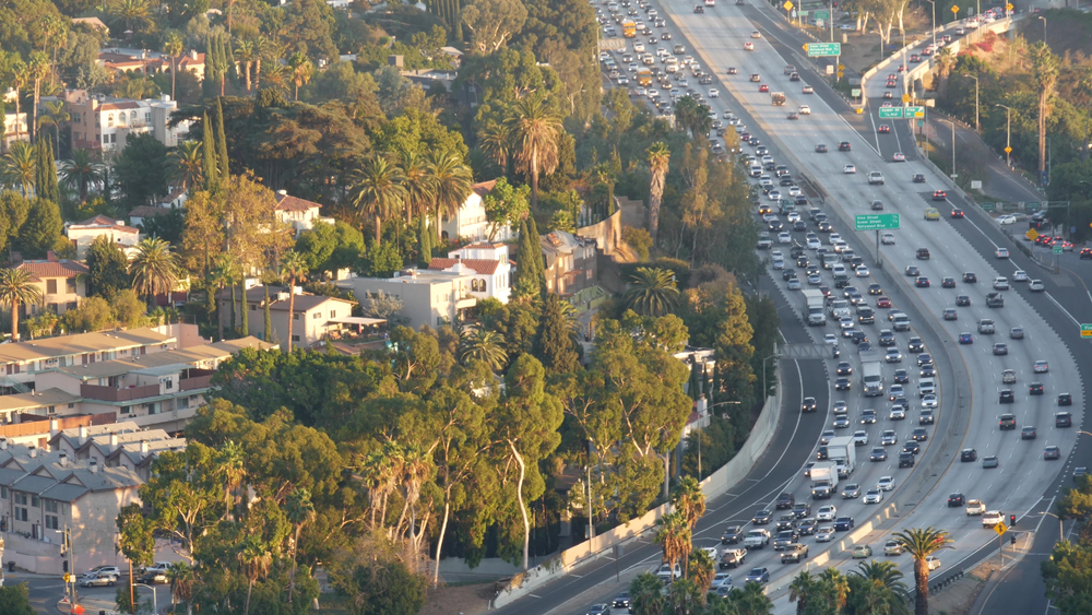 Heavy traffic on a multi-lane freeway passing residential homes and palm trees in a Los Angeles neighborhood.