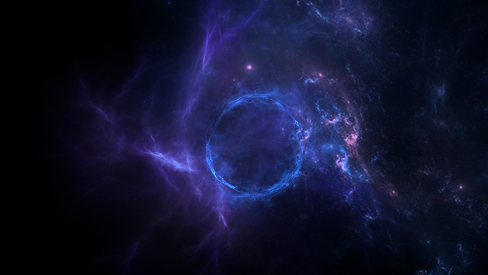 Glowing blue ring resembling a black hole surrounded by purple cosmic clouds and distant stars in deep space.