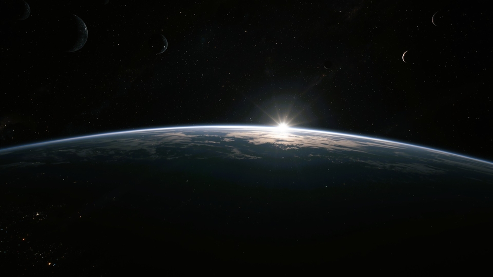 View of the planet Earth from space during a sunrise 3d rendering.