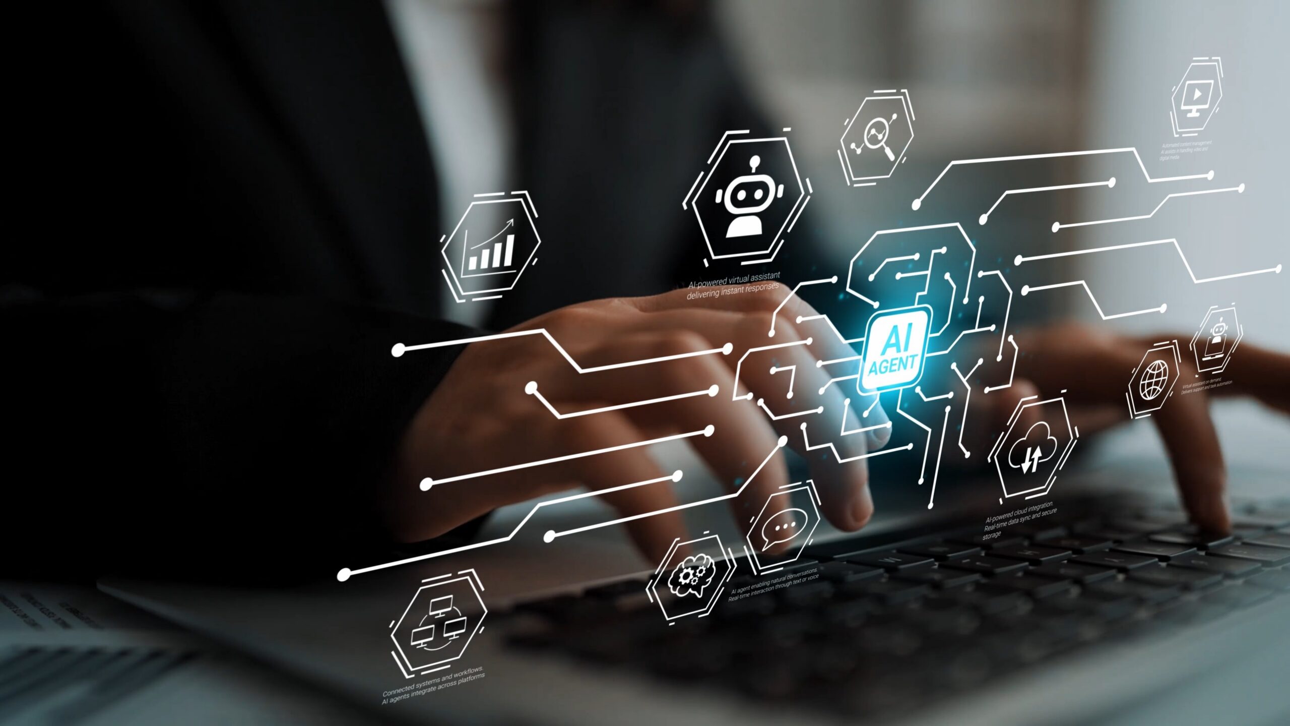 Person typing on a laptop with digital icons illustrating an AI agent and connected technologies overlay.