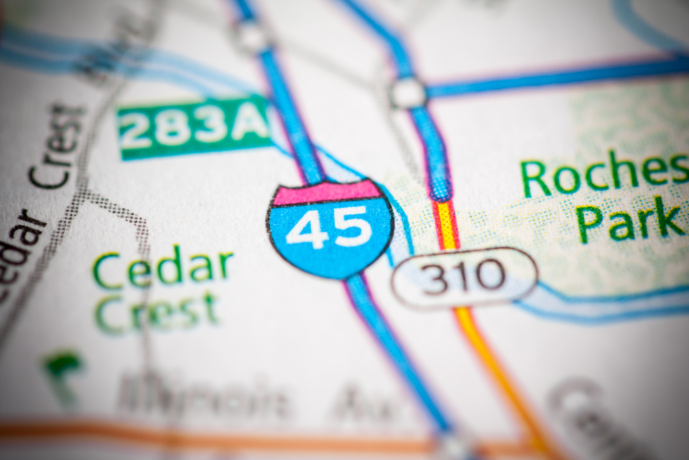 Close-up of a road map highlighting Interstate 45 in Houston, Texas.