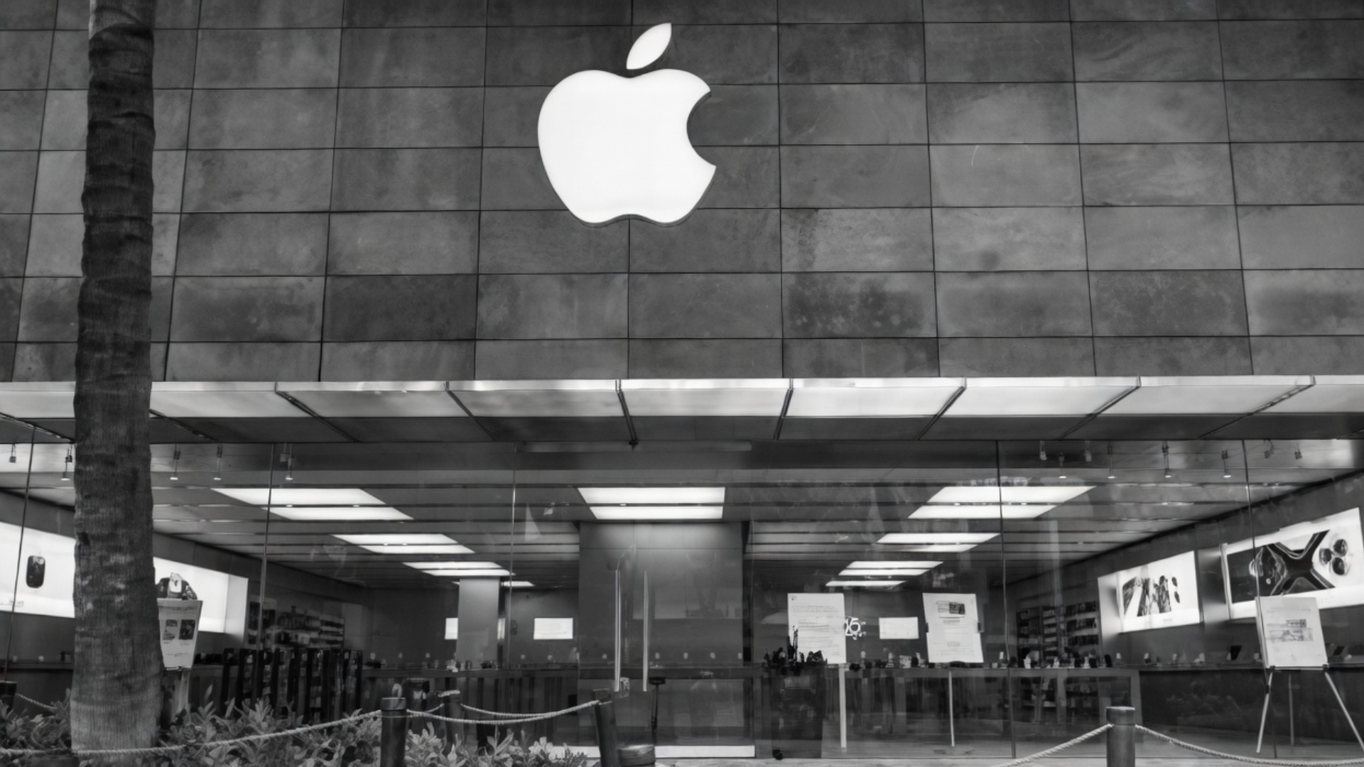 A black-and-white, high-angle exterior view of an Apple Store featuring the large glowing Apple logo on a tiled facade.