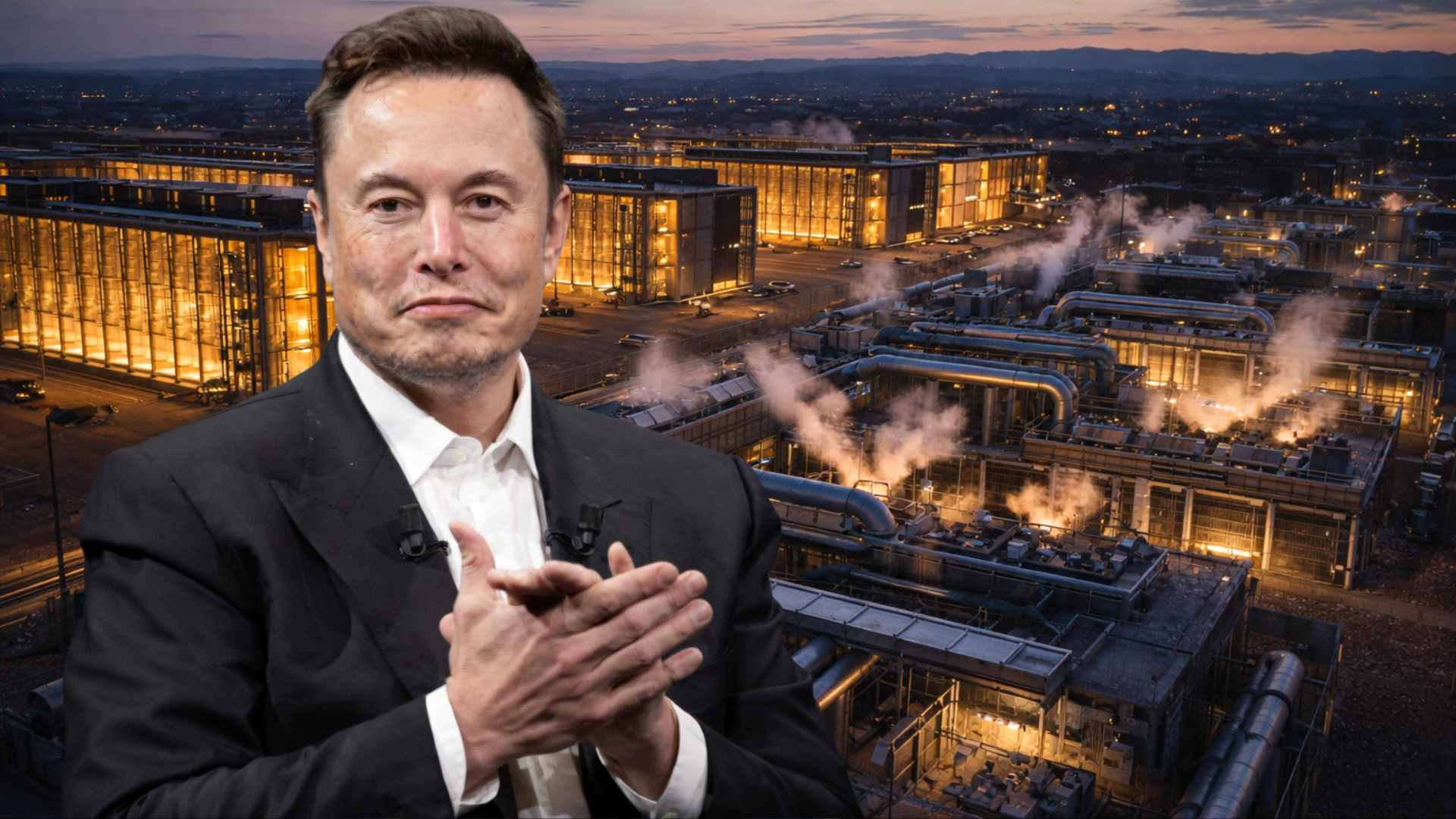 A composite image of Elon Musk in a suit with his hands pressed together, overlaid against a sprawling industrial background.
