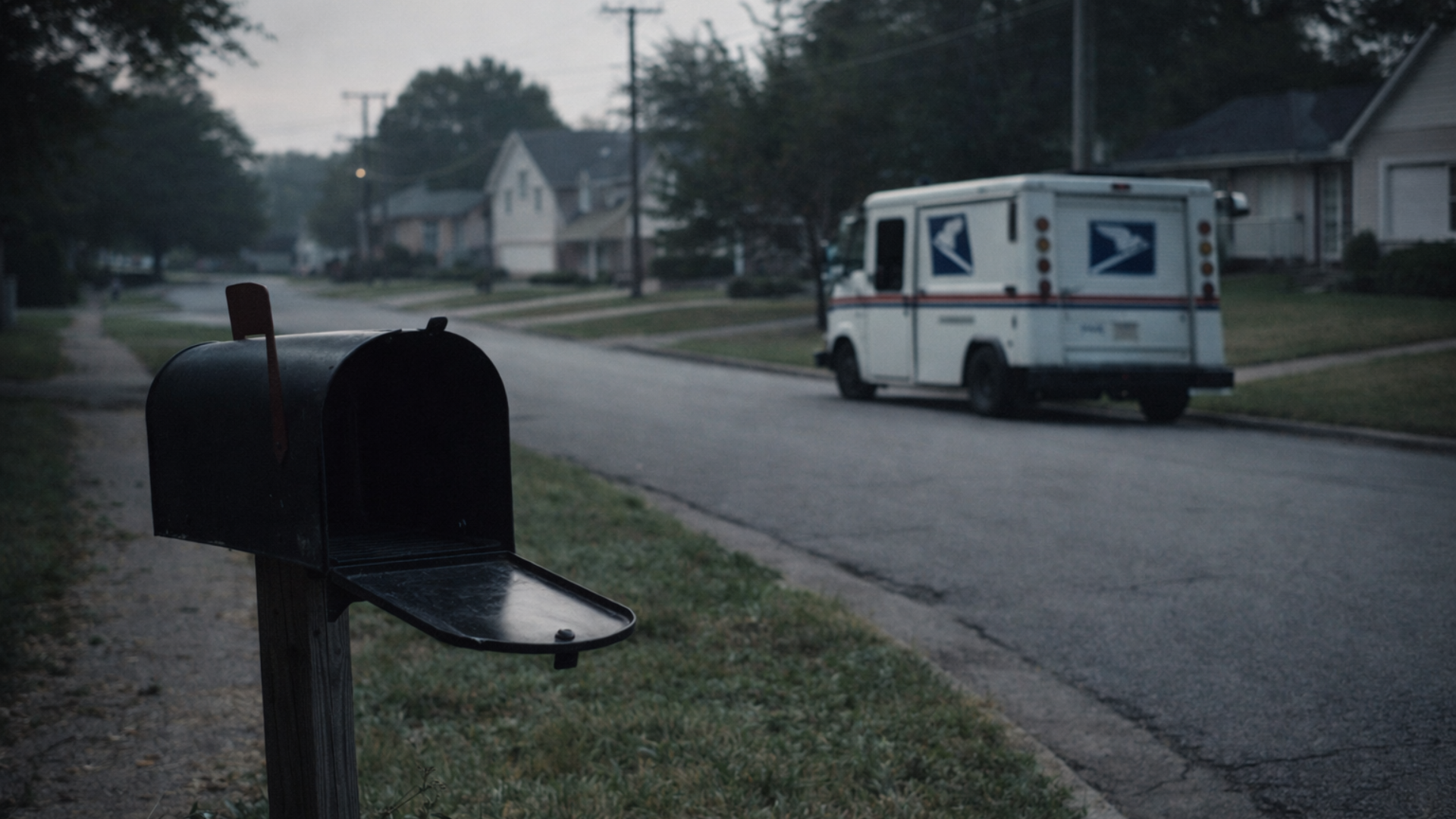 A low-angle shot of an open black mailbox on a suburban street at dusk, with a white USPS delivery truck blurred in the background.