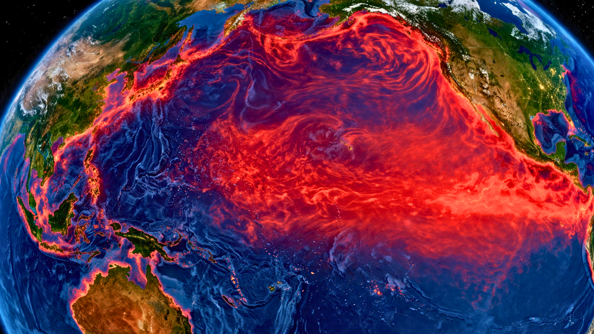 A satellite-view digital map of the Earth centered on the Pacific Ocean, where intense red and orange heat plumes swirl across the water’s surface, illustrating a massive marine heatwave and the early stages of an El Niño event.