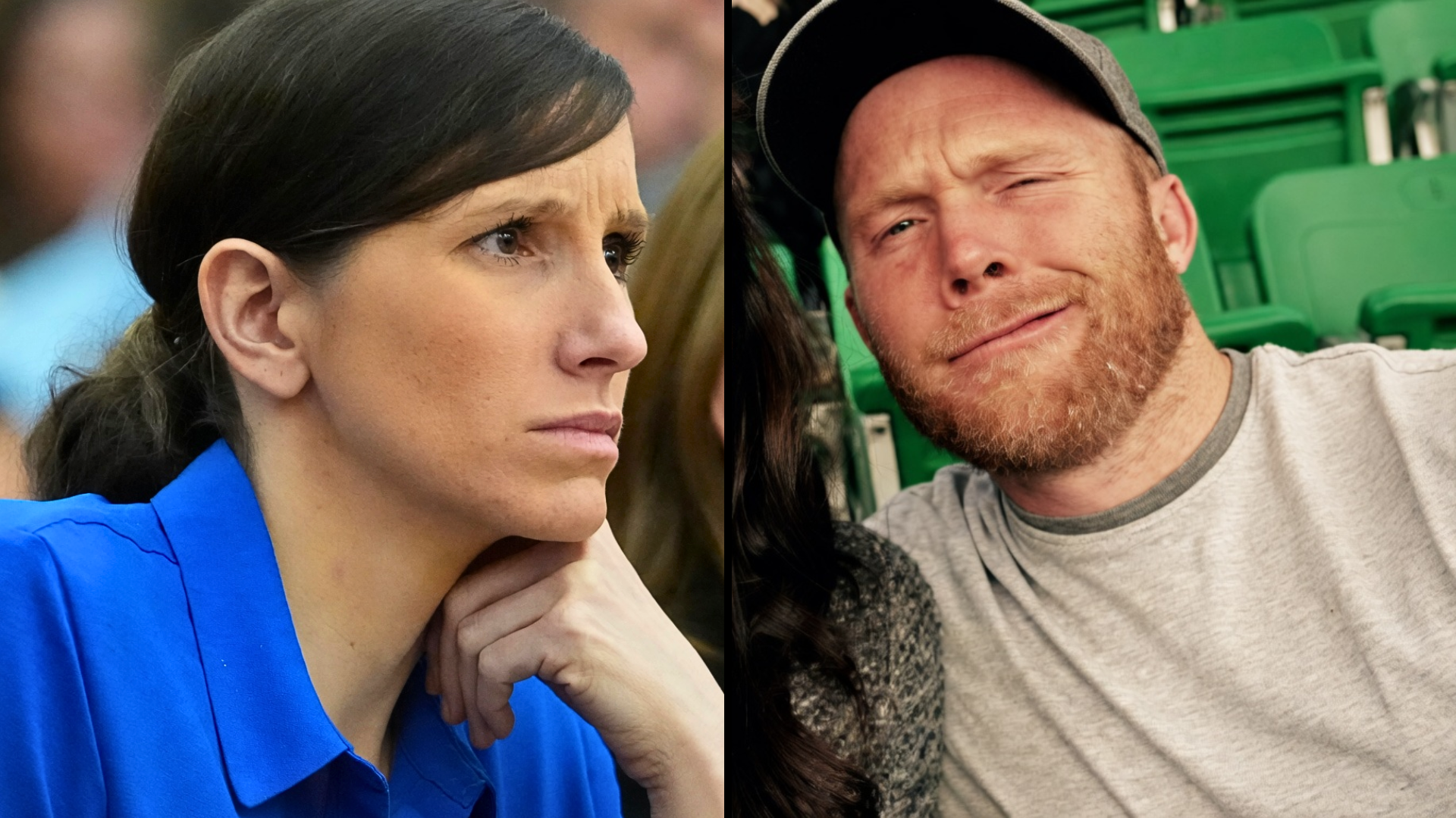A side-by-side composite: on the left, Kouri Richins in a blue shirt with her hand on her chin looks contemplative in a courtroom; on the right, her late husband with red hair and a beard, squinting his eyes in a candid outdoor shot.