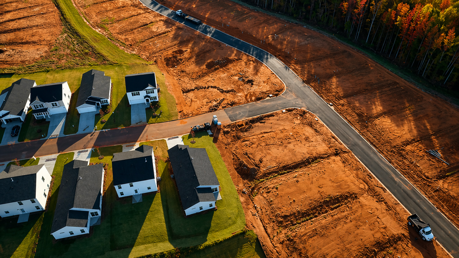 An aerial view of a new residential development under construction, showing a row of completed two-story white houses with black roofs on one side of a newly paved road, while the other side consists of graded orange-brown dirt plots ready for building.