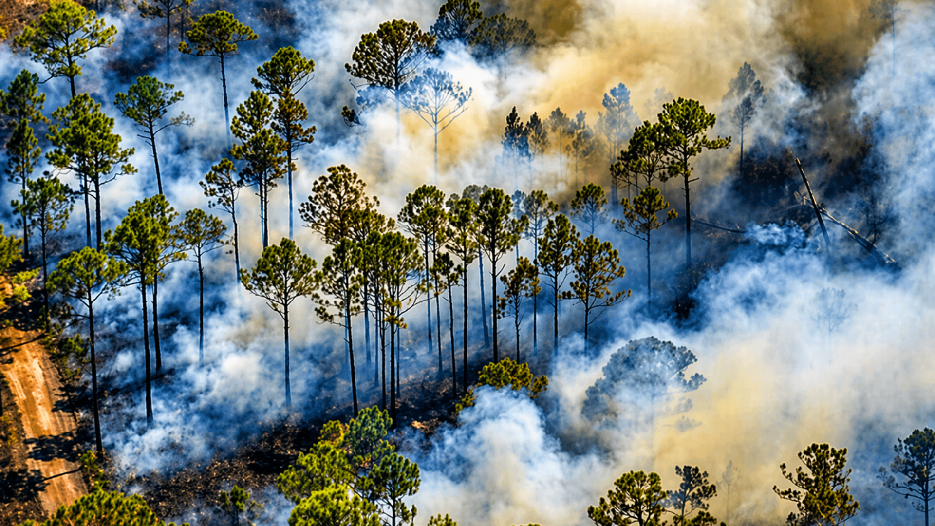 An aerial view of a dense forest of tall, thin pine trees being consumed by a wildfire.