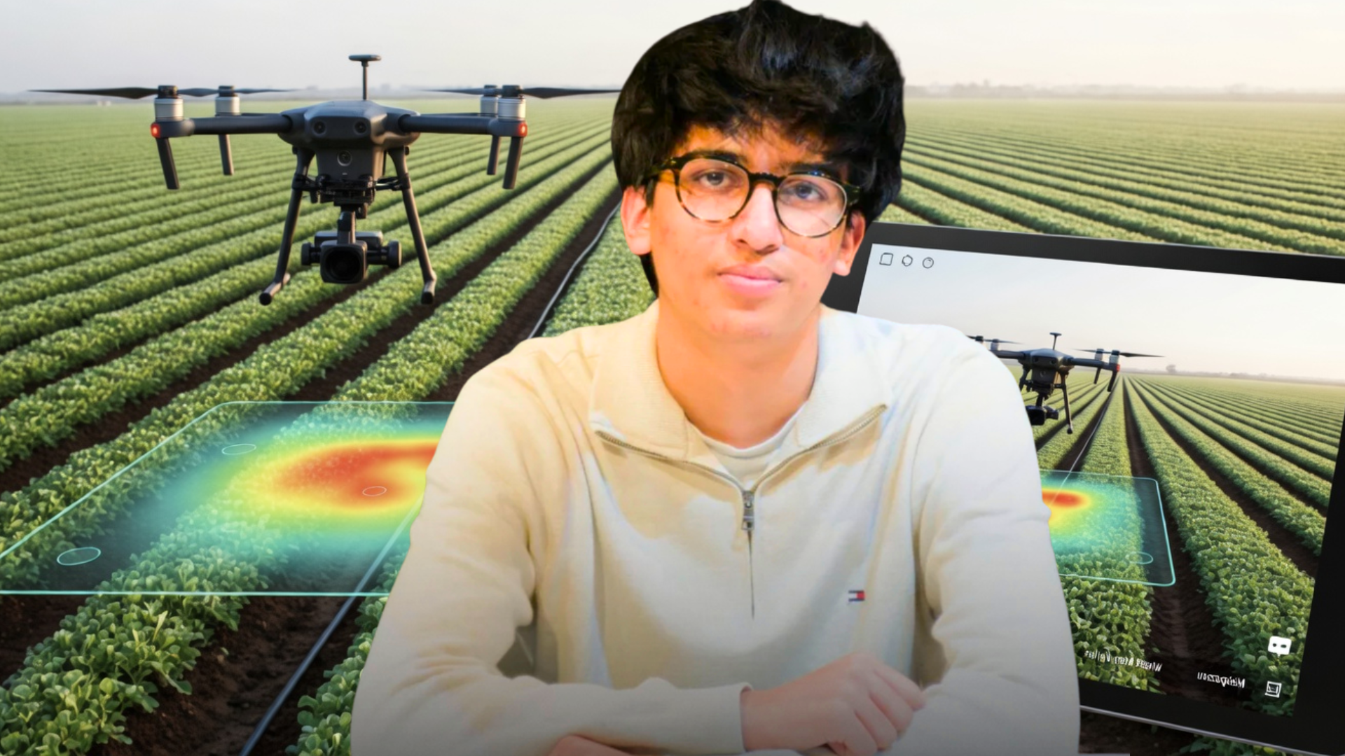 A composite image of Rudrojas Kunvar overlaid on a field where an agricultural drone is flying.