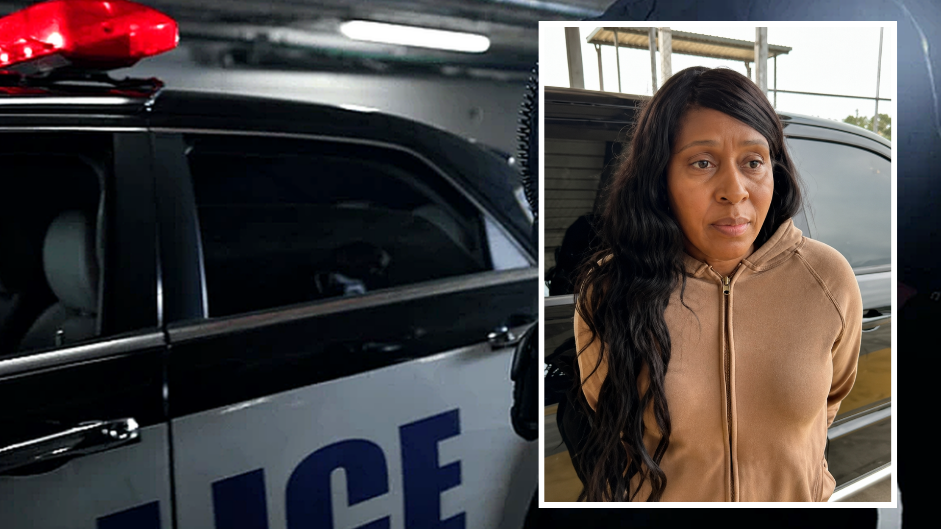 Police vehicle with flashing lights beside inset of a woman standing near a car during an apparent arrest.