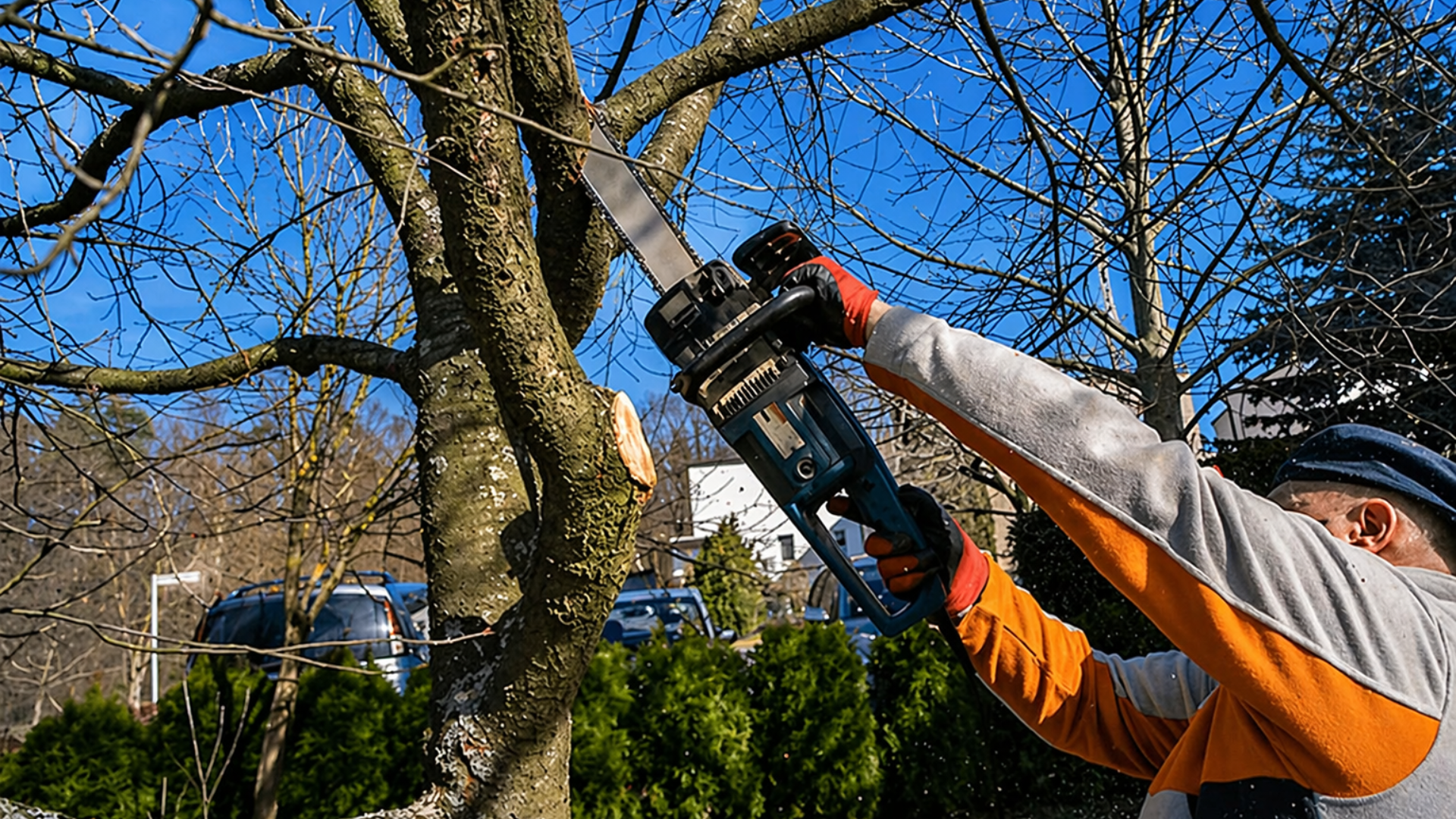 Person using chainsaw to cut tree branch outdoors in residential yard.