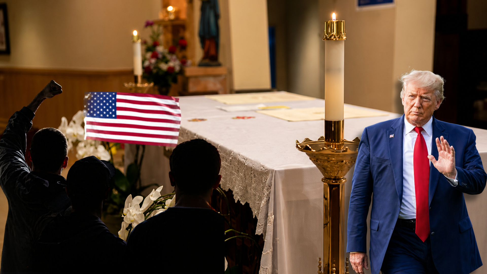 Donald Trump gesturing beside church altar with American flag and silhouetted protesters in foreground.