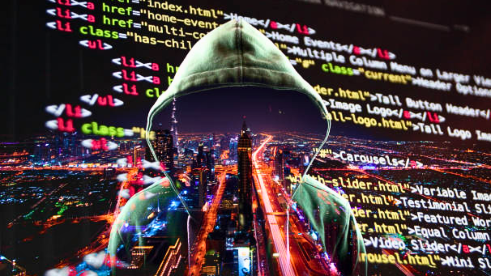 Hooded figure overlaid on city skyline with computer code, illustrating cybercrime or hacking.