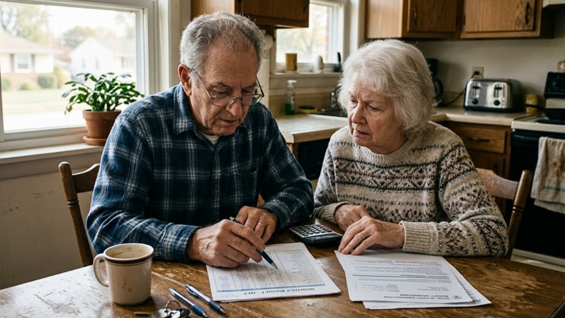 An elderly man in a plaid shirt and glasses sits at a kitchen table with a white-haired woman, both looking concerned.
