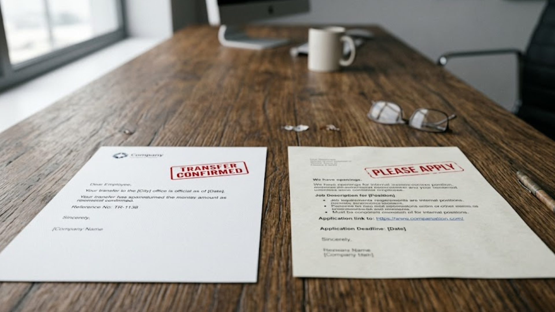 A close-up of two documents on a wooden office desk; the left paper is stamped with "TRANSFER CONFIRMED" in red, while the right paper is stamped "PLEASE APPLY" in red, representing different employee outcomes.