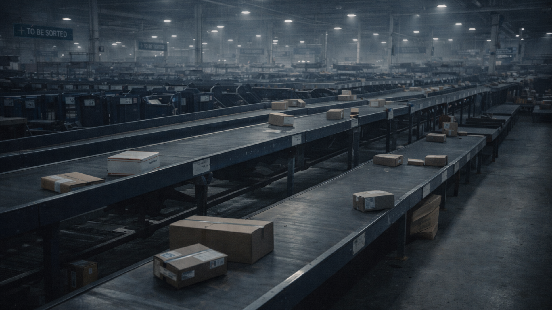 A wide interior shot of a dim, cavernous mail sorting facility with multiple conveyor belts carrying cardboard boxes.