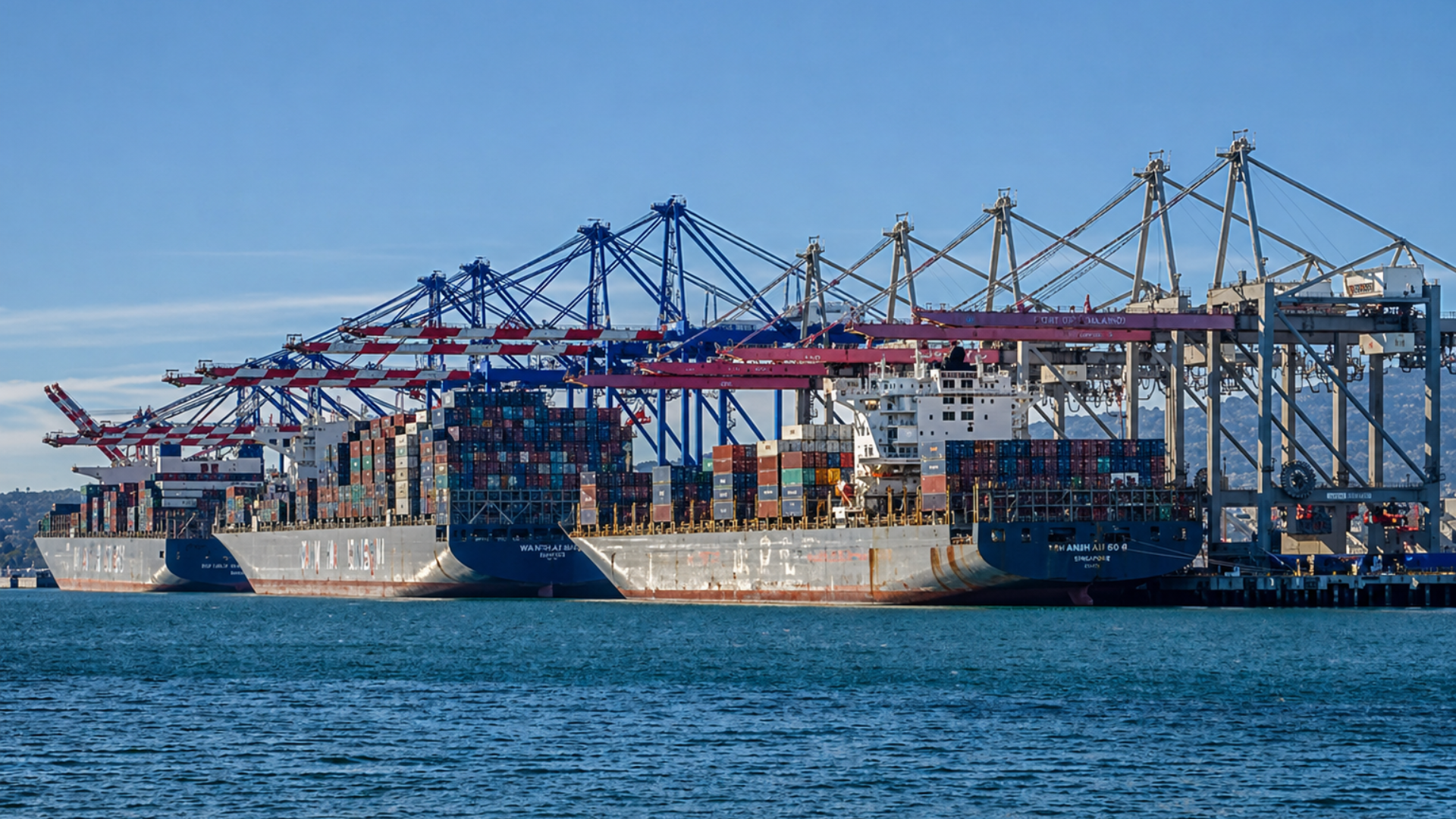 A wide daytime shot of several massive container ships docked at a busy port terminal; the ships are stacked with colorful cargo containers, and numerous tall blue and red industrial gantry cranes are positioned along the pier against a clear sky.