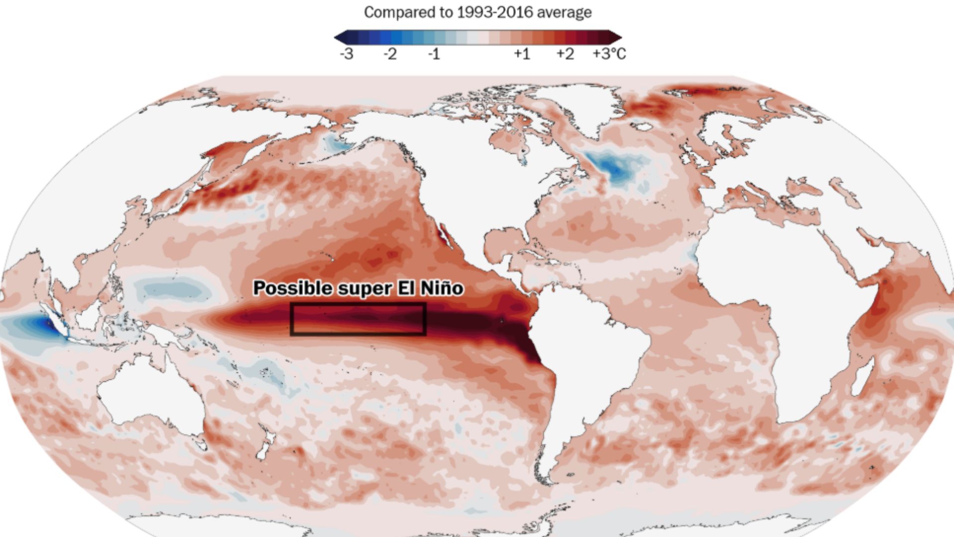 Global map highlighting elevated ocean temperatures with labeled area indicating a possible super El Niño in the Pacific.