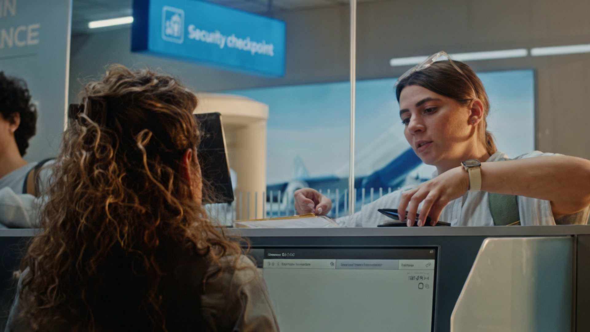 A female airport security agent in a white shirt and watch reviewing documents at a security checkpoint counter.