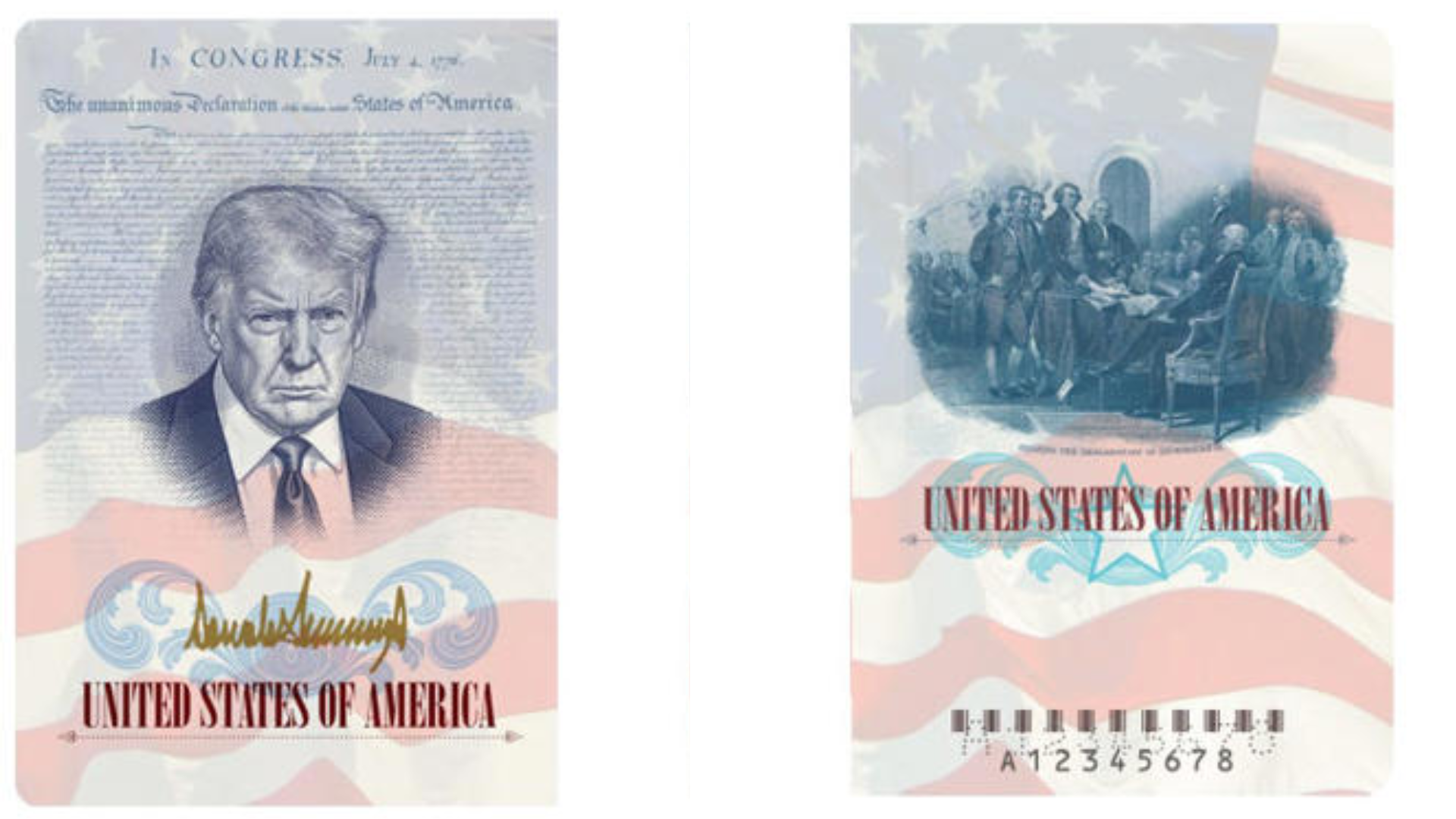 A mockup of US passport pages featuring an illustration of Donald Trump and his signature.