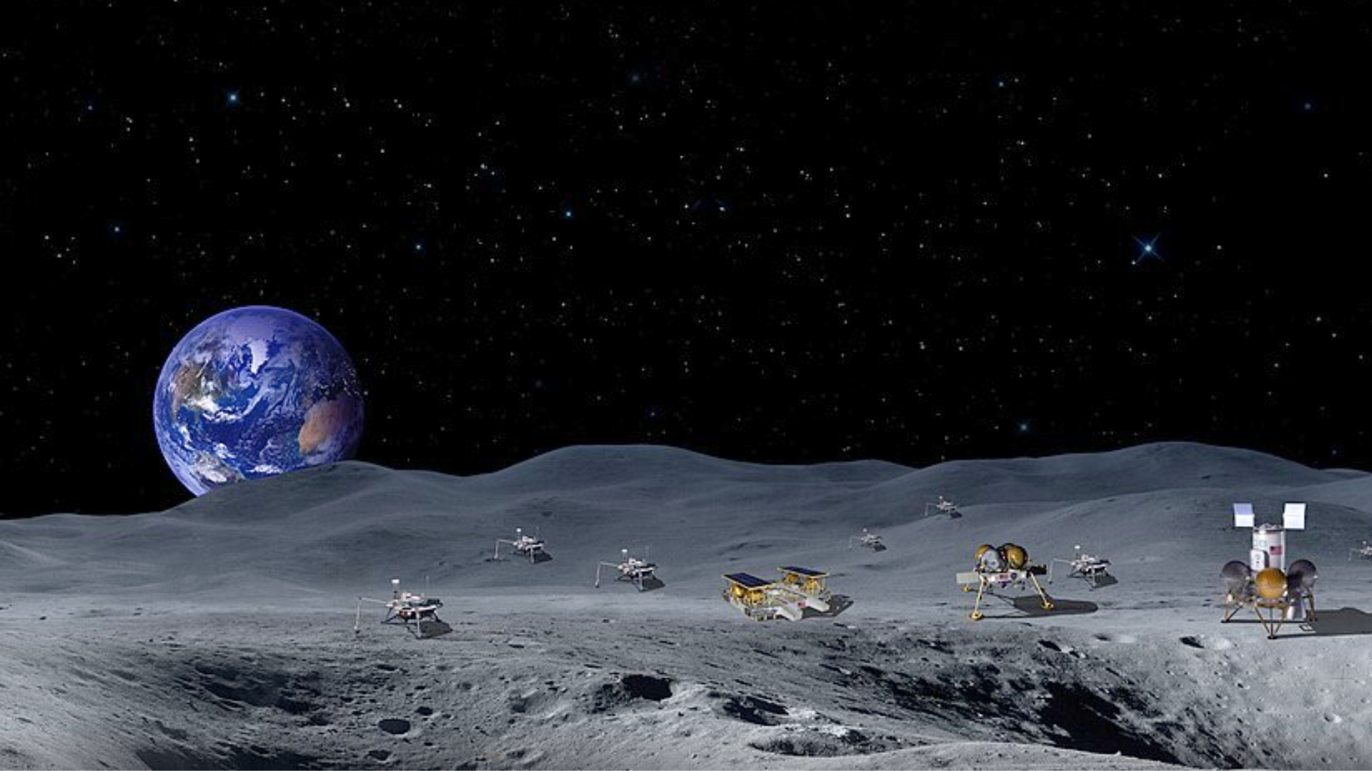 An illustration of several robotic landers exploring the grey surface of the moon with Earth visible in the starry sky.