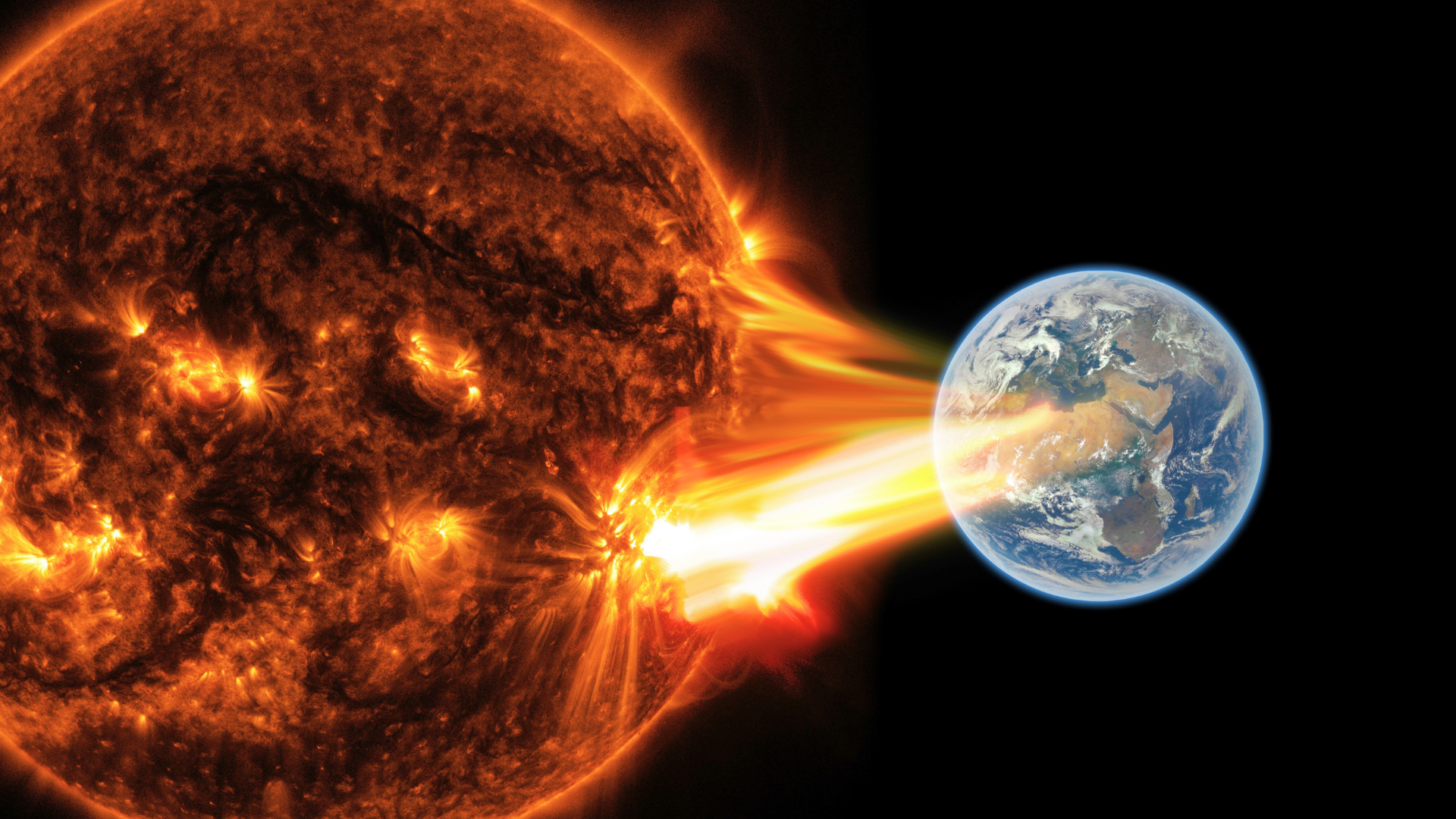 An illustration of a massive solar flare erupting from the fiery sun toward Earth.