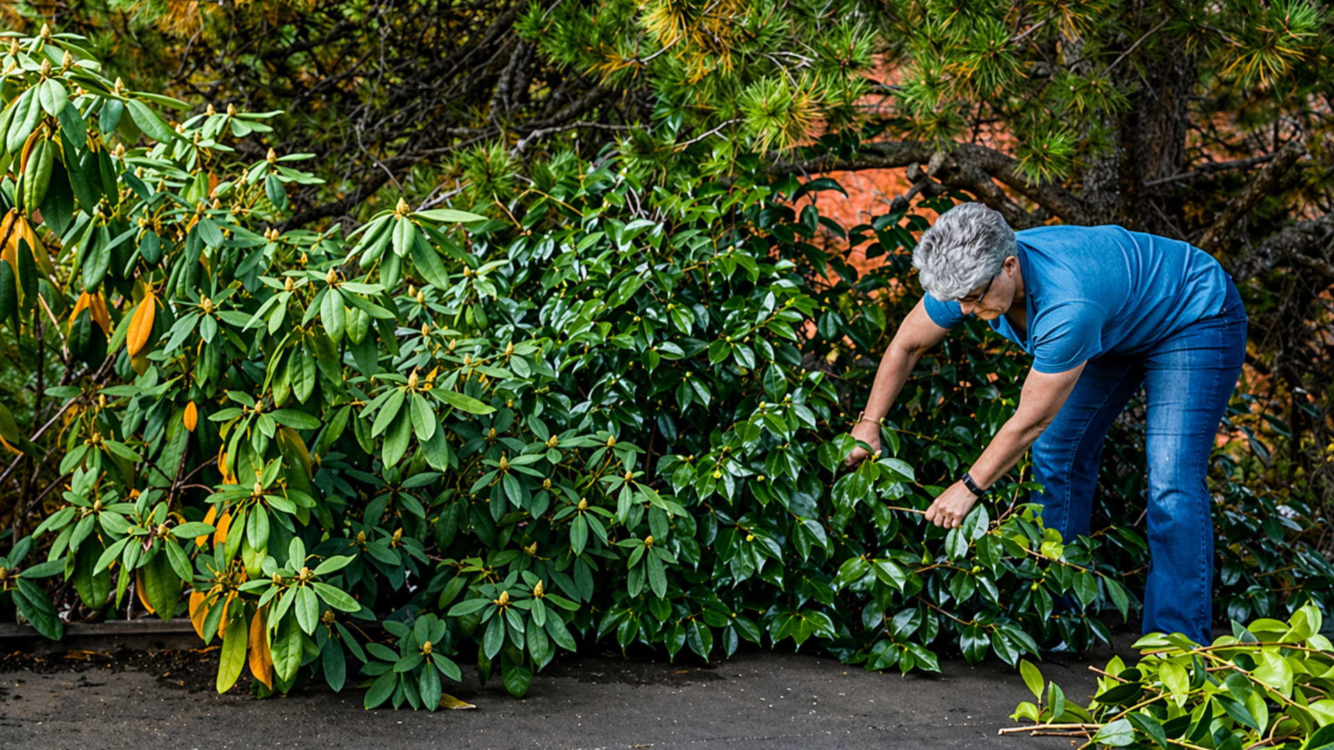 Woman trimming dense green shrubs with pruning shears in garden.